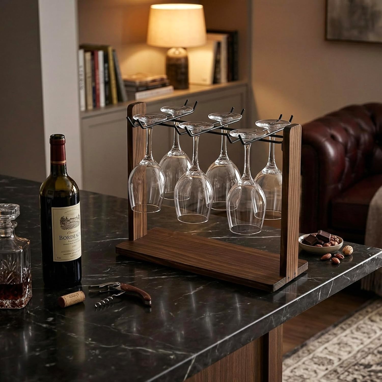 MyGift Tabletop Wine Glass Drying Rack, Champagne Flute Holder, Countertop Stemware Stand for Goblets, Modern Burnt