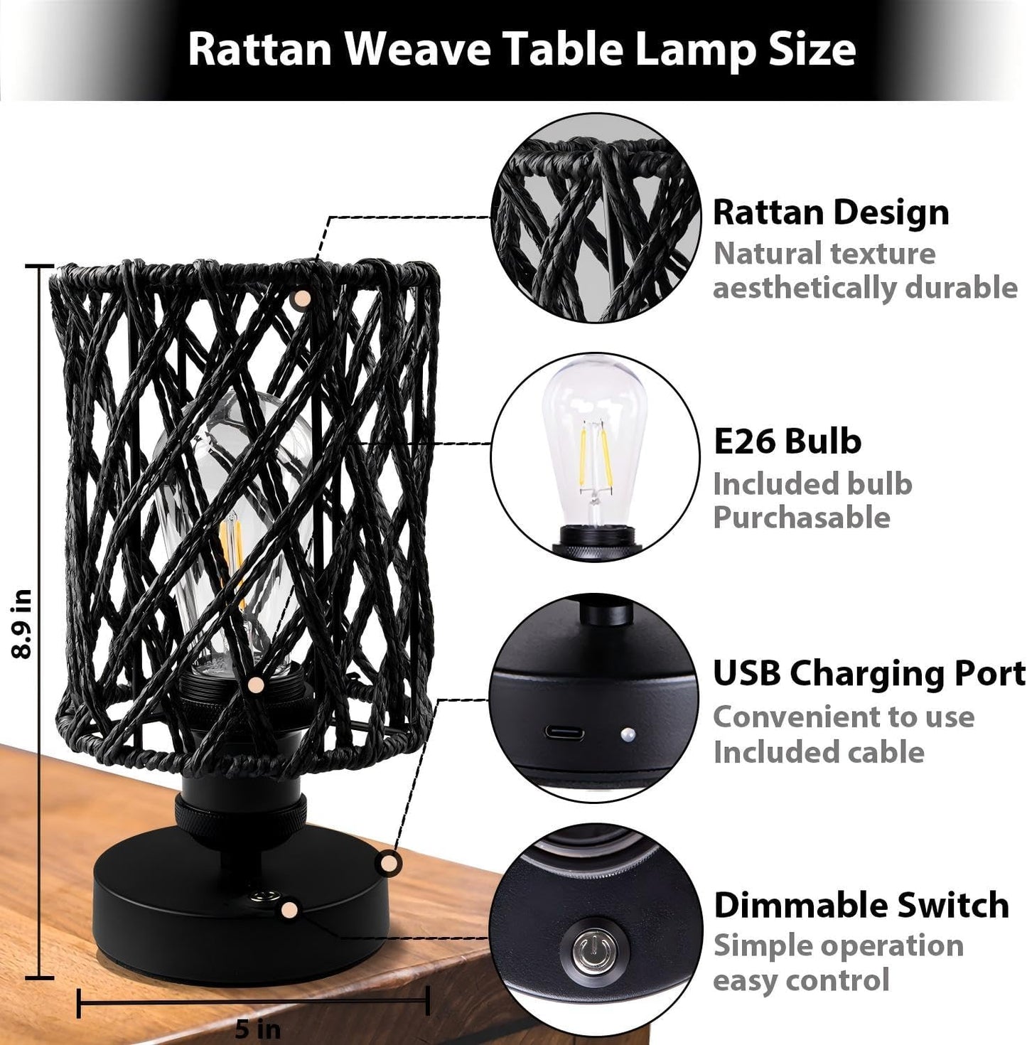 Cordless Outdoor Table Lamps, Small Rattan Boho, Rechargeable Battery Operated for Outdoor Patio, Home, Living Room