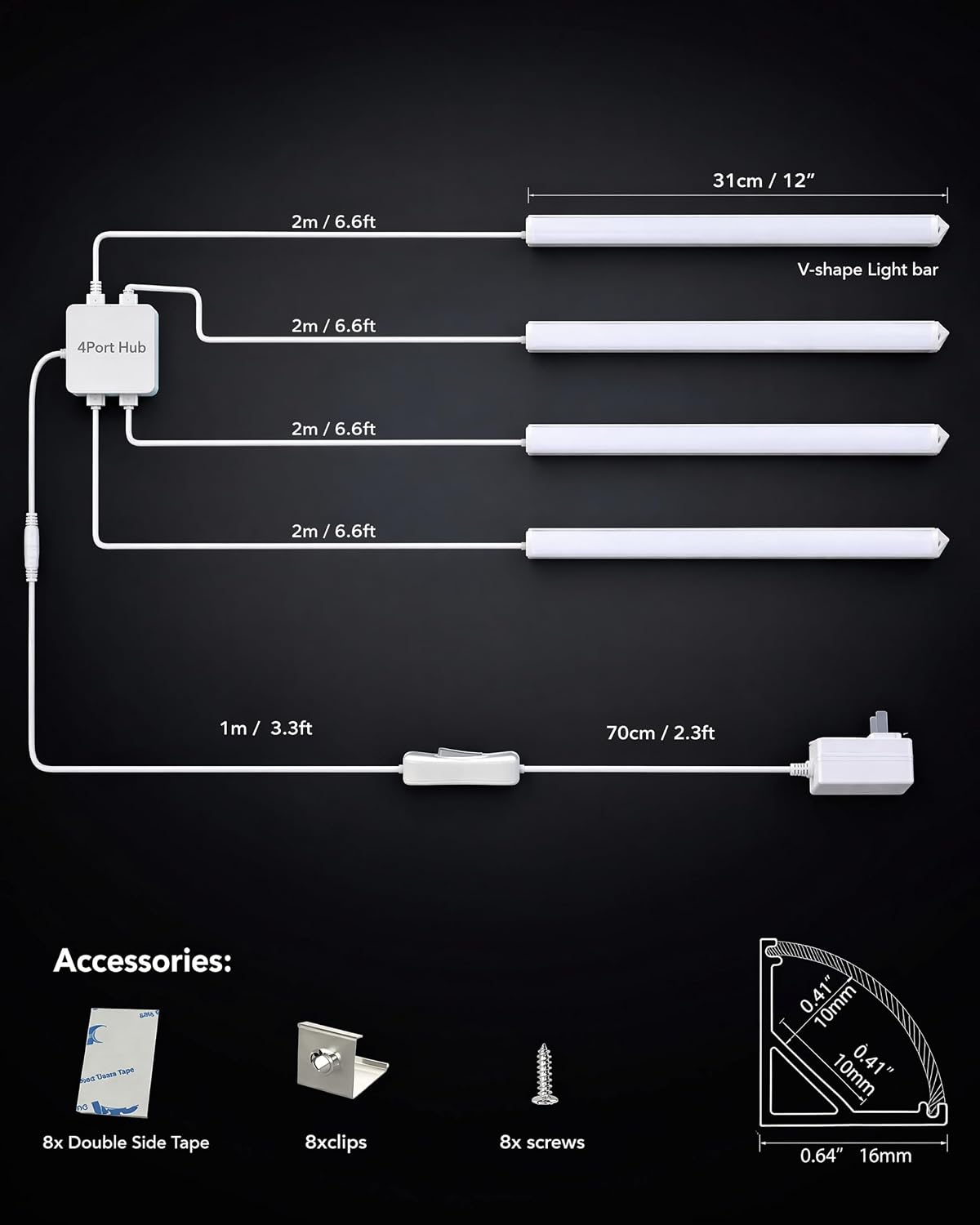 Cabinet Lighting, 4pcs 12" V-Shape Bright LED Light Bars for Under Cabinet, Gun Safe, Locker, Closet, Under Counter
