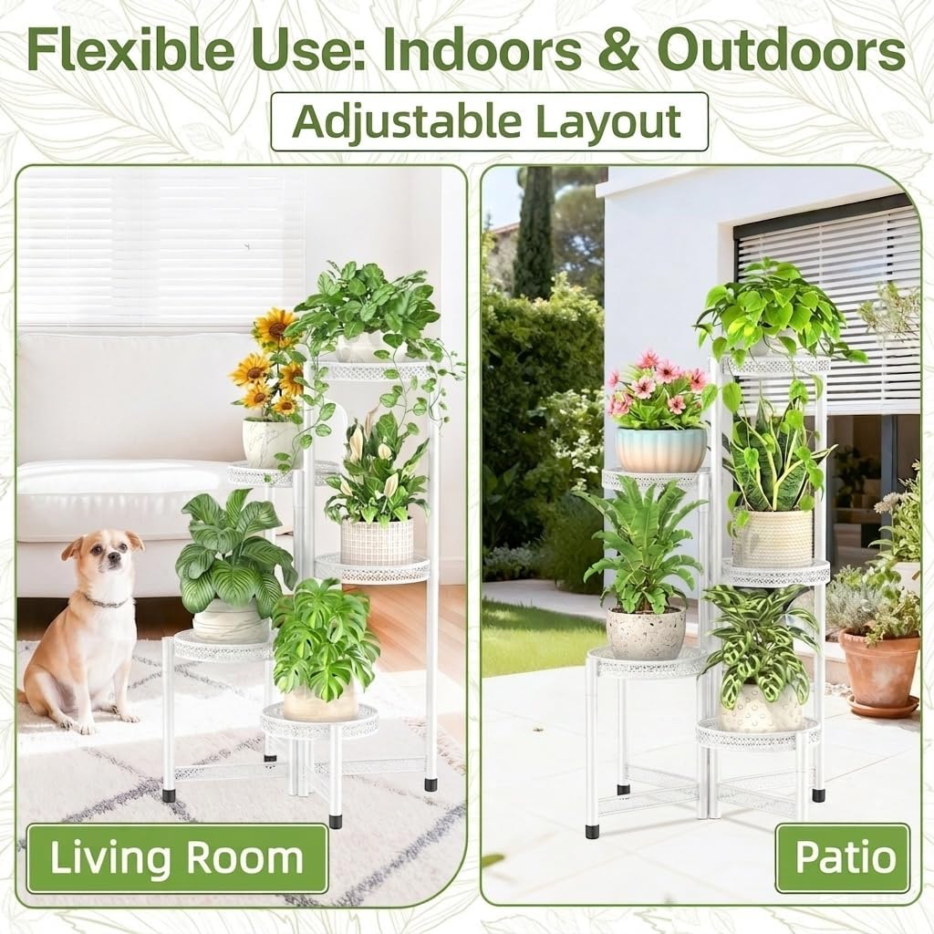 iDavosic.ly Plant Stand Indoor Outdoor, 5 Tier Iron Corner Shelf, White | Tiered Tall Flower Display Holder, Folding