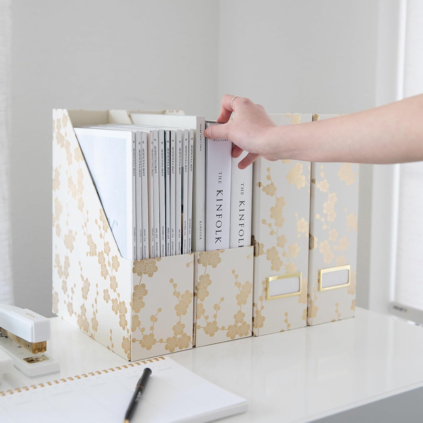 BLU MONACO | Set of 4 Foldable Magazine Storage Boxes with Gold Floral Pattern | Decorative Vertical File Organizers