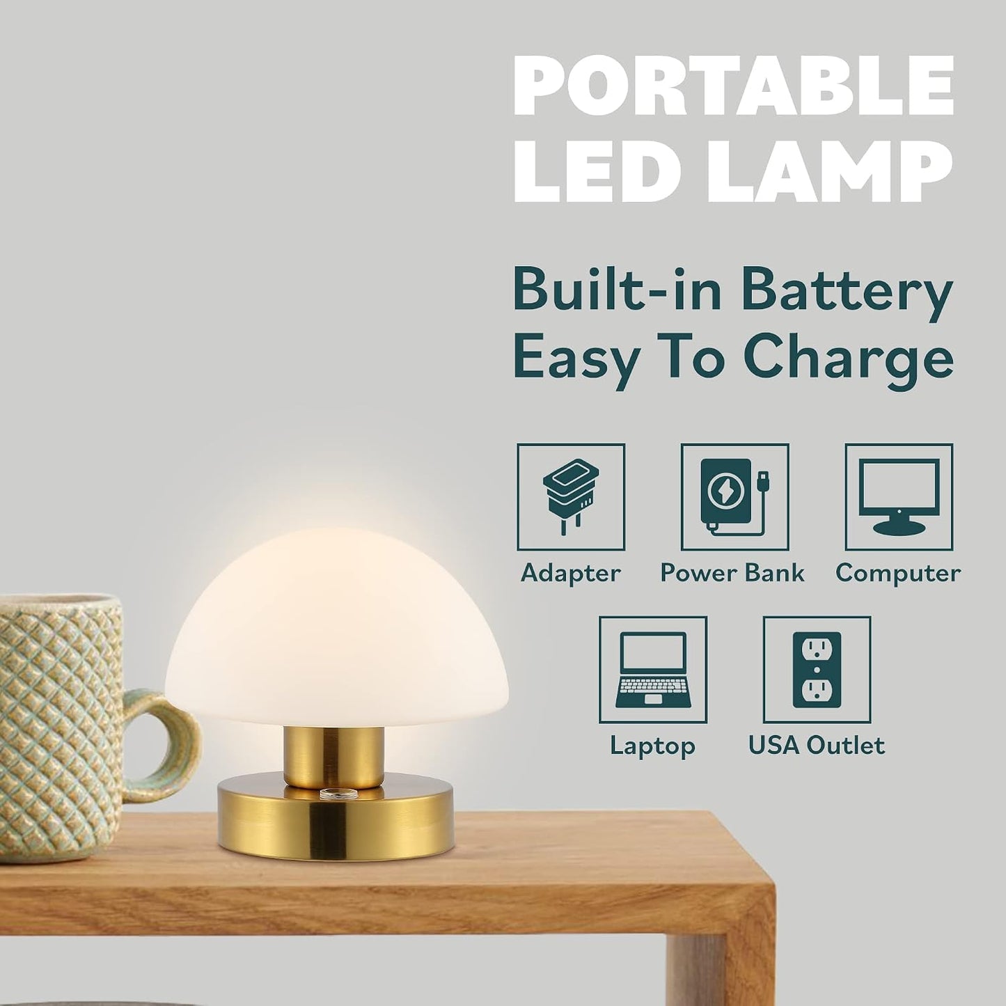 JONATHAN Y Zoe 5.75" Rechargeable Metal LED Lamp, Brass Gold/White | Cordless Portable Battery Operated, Mushroom