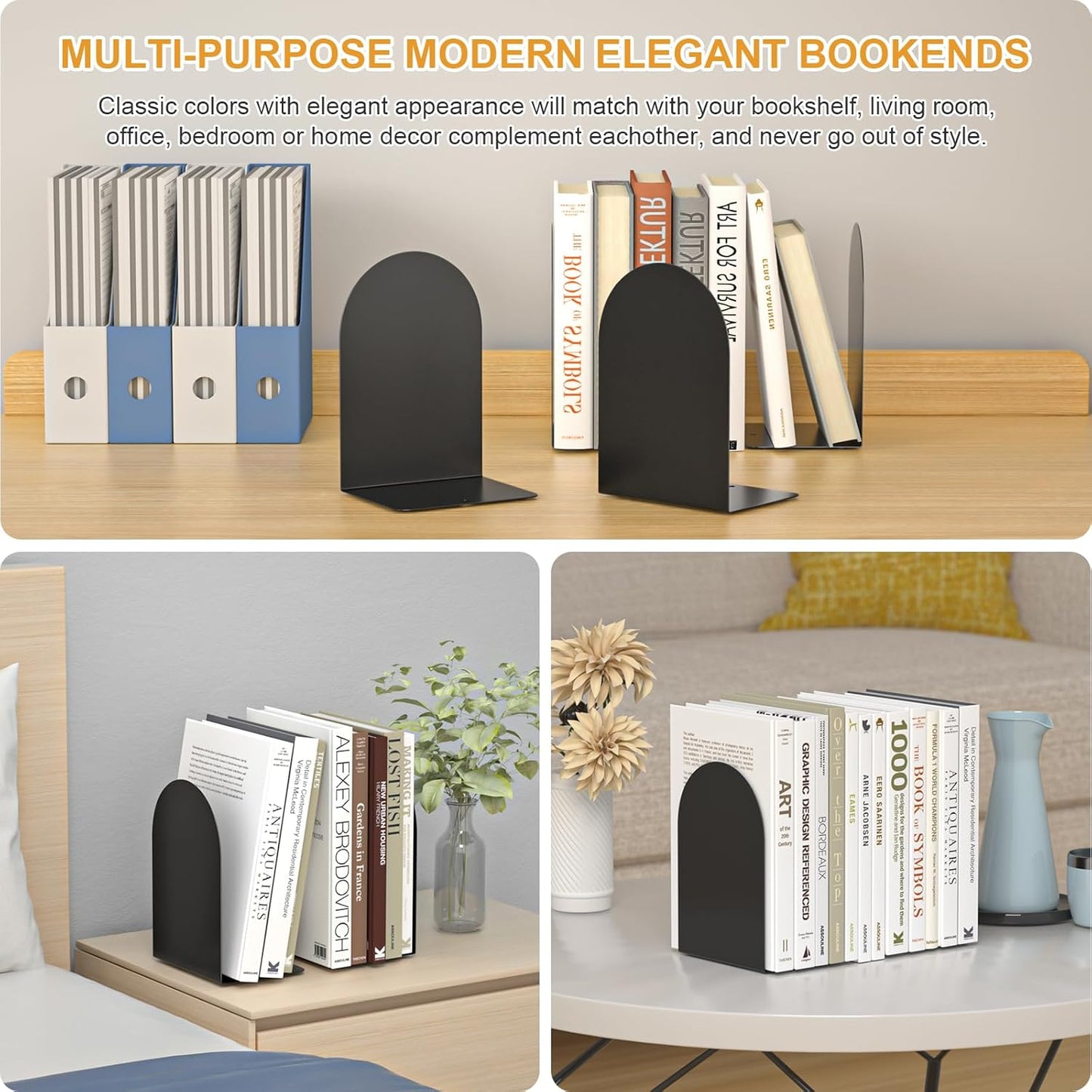 Metal Round Bookends / 4 Pairs Bookends / Black