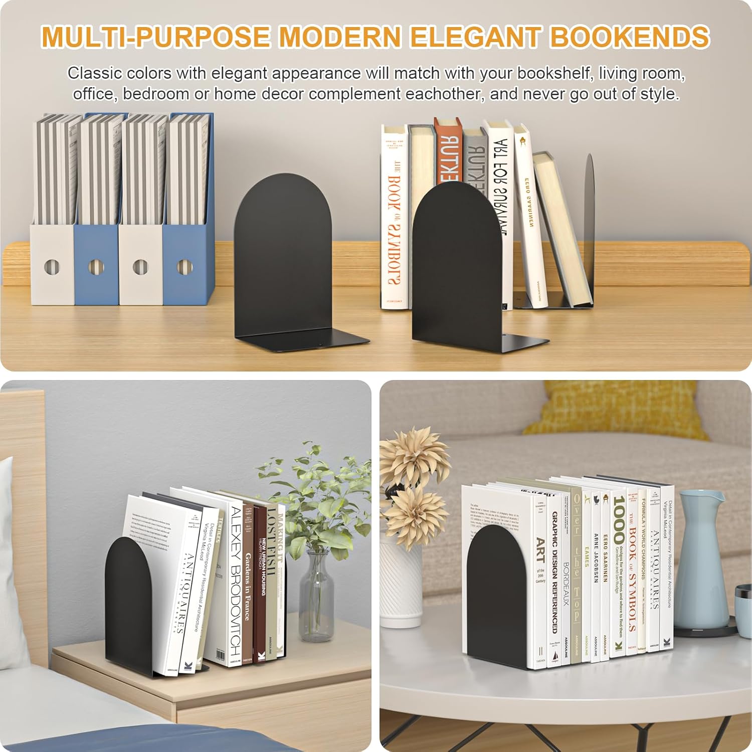 Metal Round Bookends / 4 Pairs Bookends / Black