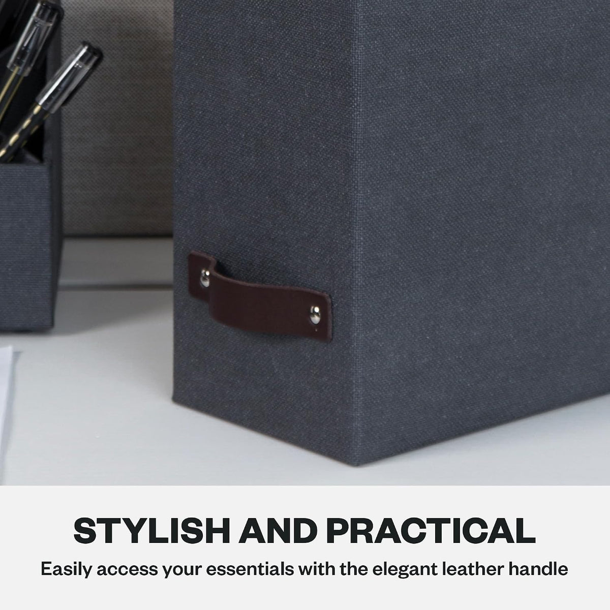 Bigso Estelle Fibreboard Magazine Holder with Leather Handle - Magazine File Holder and Organizer for Papers and