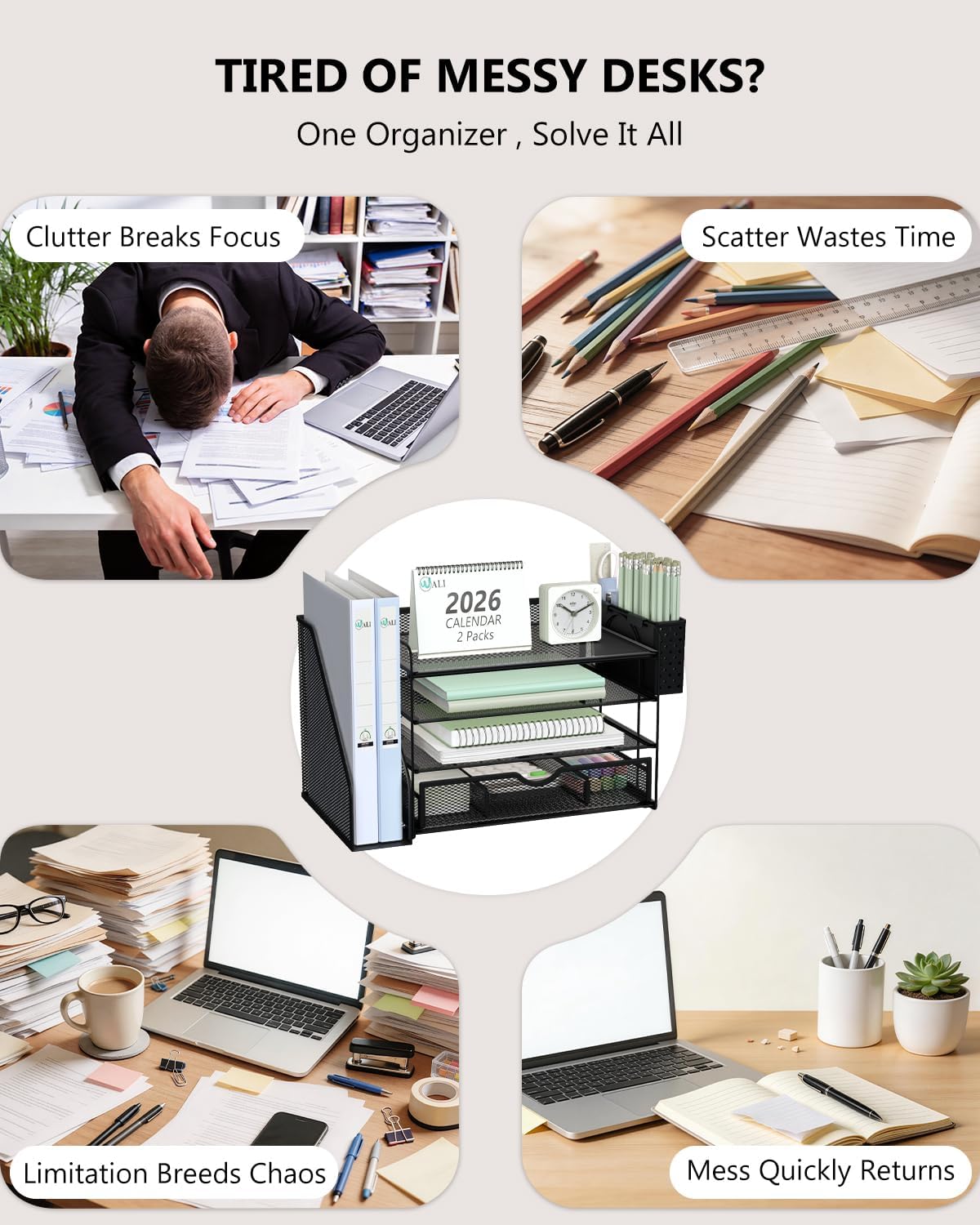 WALI Desk File Organizer, 4 Tier Desktop Paper Letter Tray Organizer with Drawer and 2 Pen Holders, Office Desk