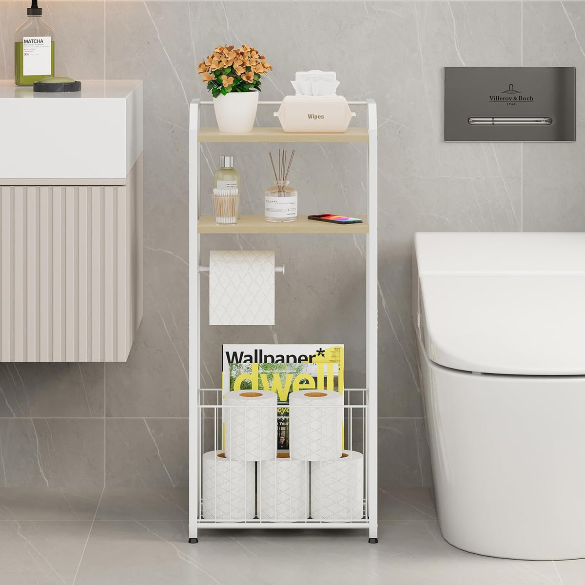 HapiRm Freestanding Toilet Paper Holder - 4-Tier Bathroom Tissue Organizer with Wood Shelves and Large Basket, Toilet