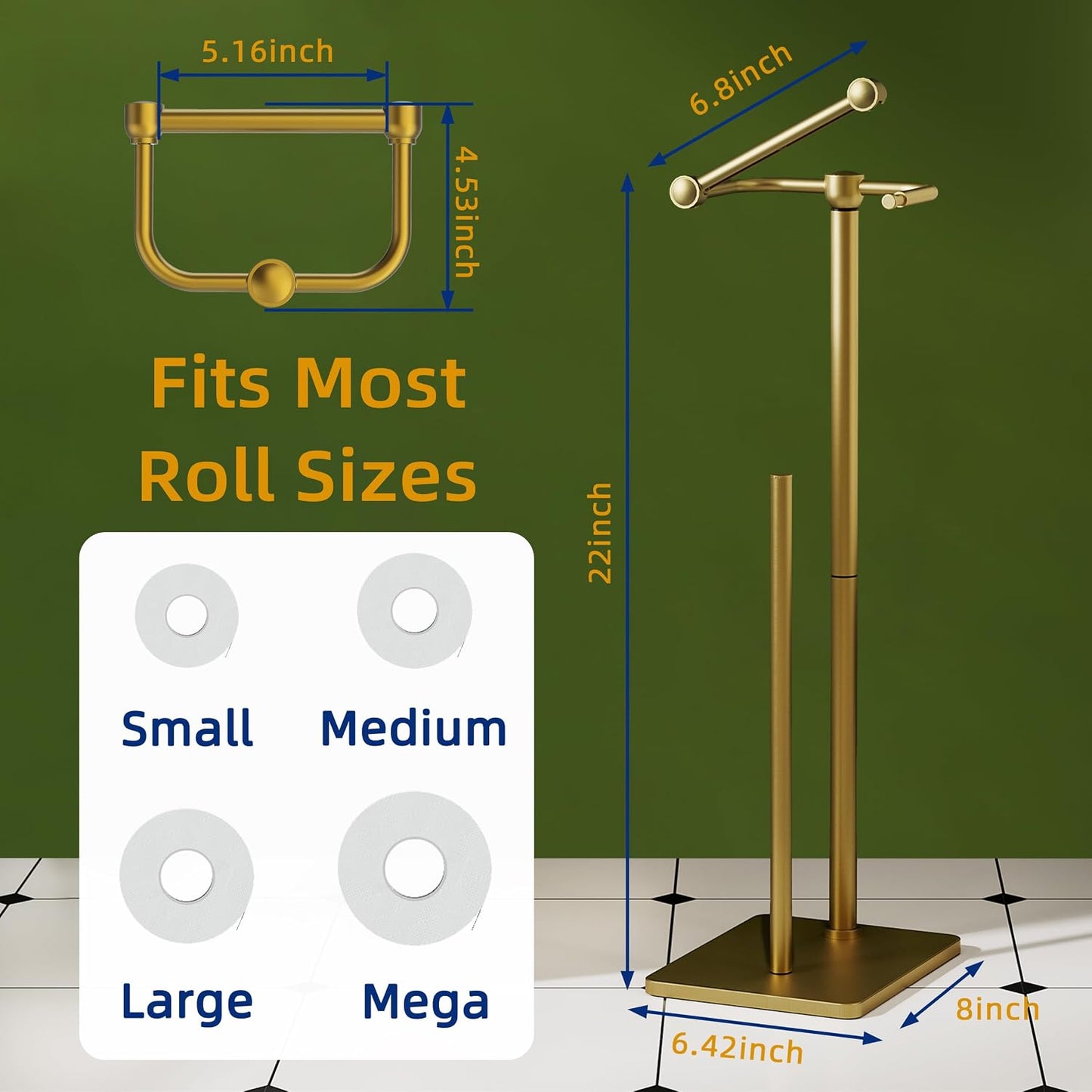 RUACQ Bathroom Toilet Paper Holder Stand with Storage, Brushed Gold | Pivoting Free Standing Toilet Roll Holder, Holds