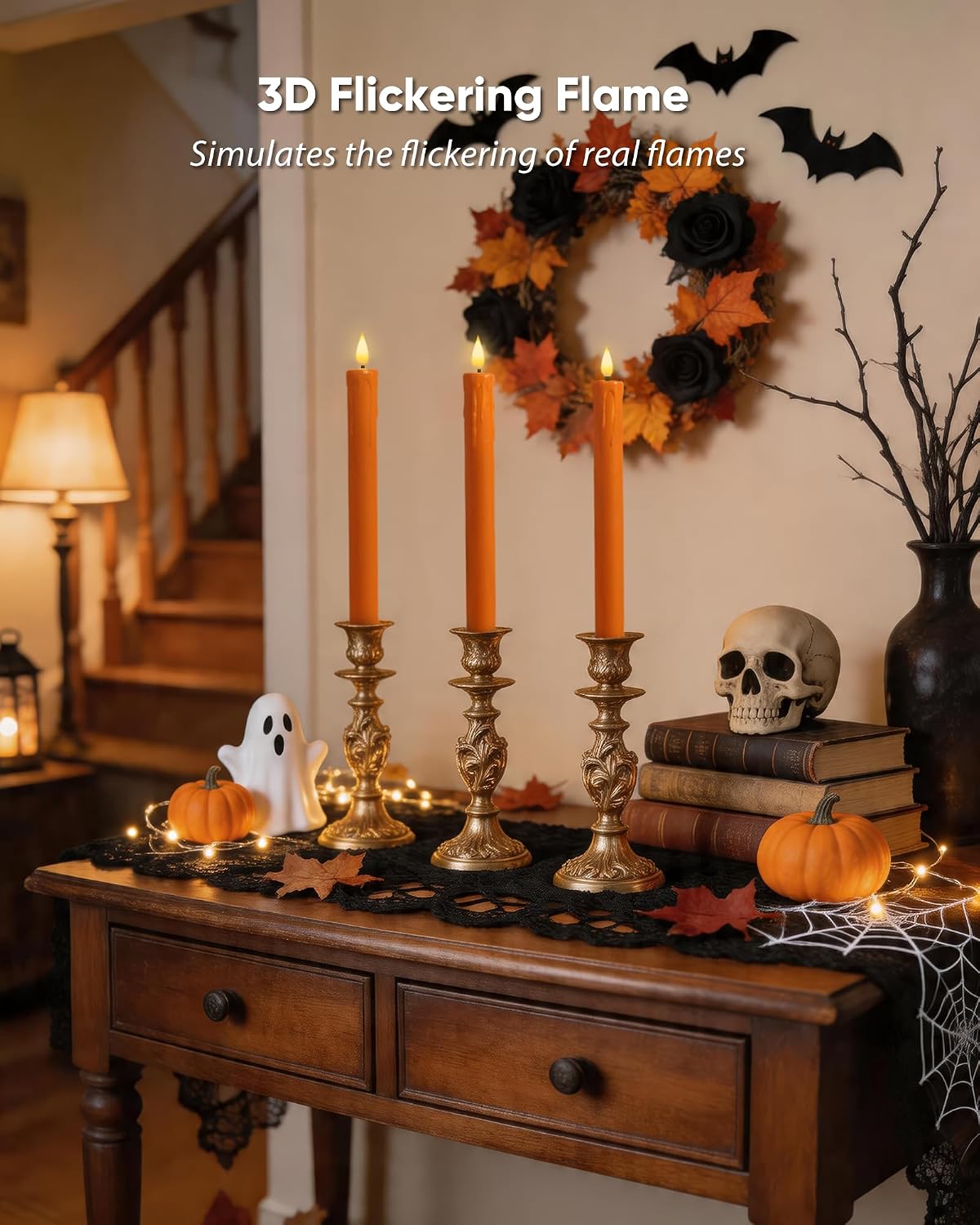Homemory Orange Flameless Taper Candles with Remote Timer, 9.6 Inch Real Wax Battery Operated Candlesticks, Flickering