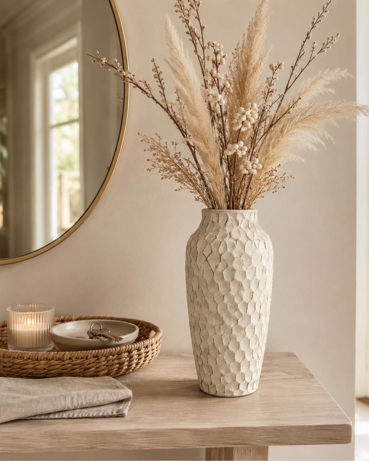 Ceramic Vase / Large Rustic Textured Decorative Vase for Farmhouse Home Decor / Yellow / 12.4 Inch