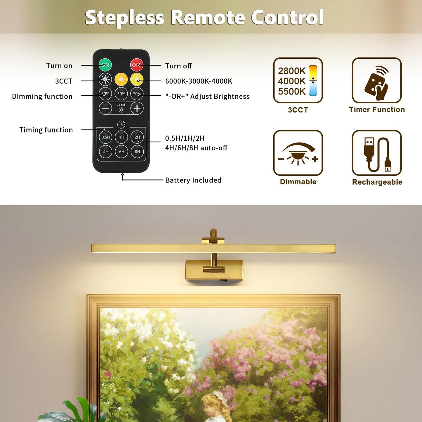 Wireless Picture Lights for Wall Battery Operated, Brass Art Lighting for Paintings Rechargeable Gallery lights with