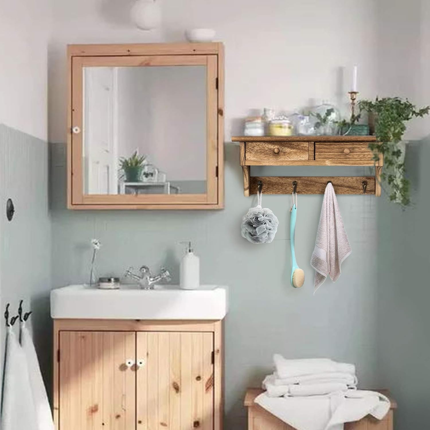 Emfogo Coat Hooks Mounted, Rustic Wood Coat Rack Mount Shelf with Hooks, Farmhouse Coat Rack with Shelf & Coat Hook for