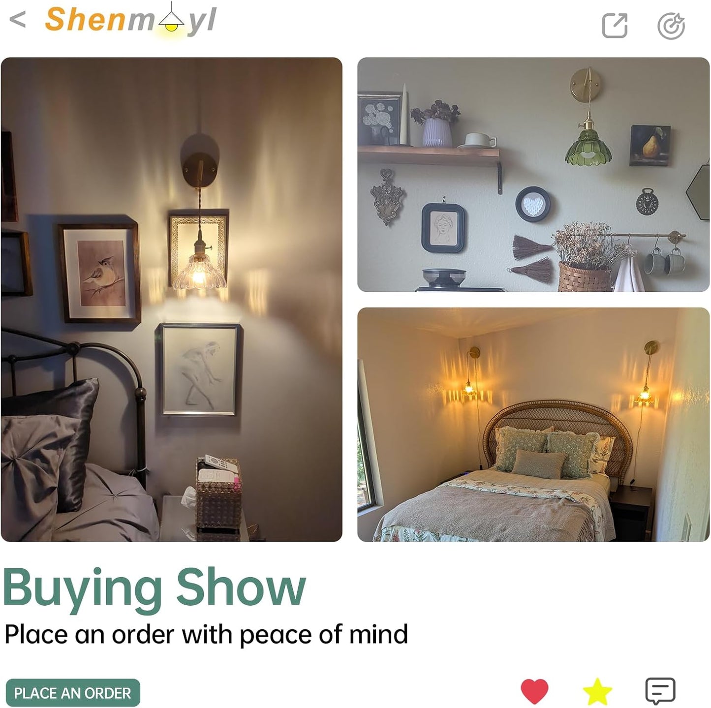 Shenmoyl Vintage Wall Sconce with Clear Lily of the Valley Shade Pattern Glass Adjustable Chain Retro Gold Wall Mounted