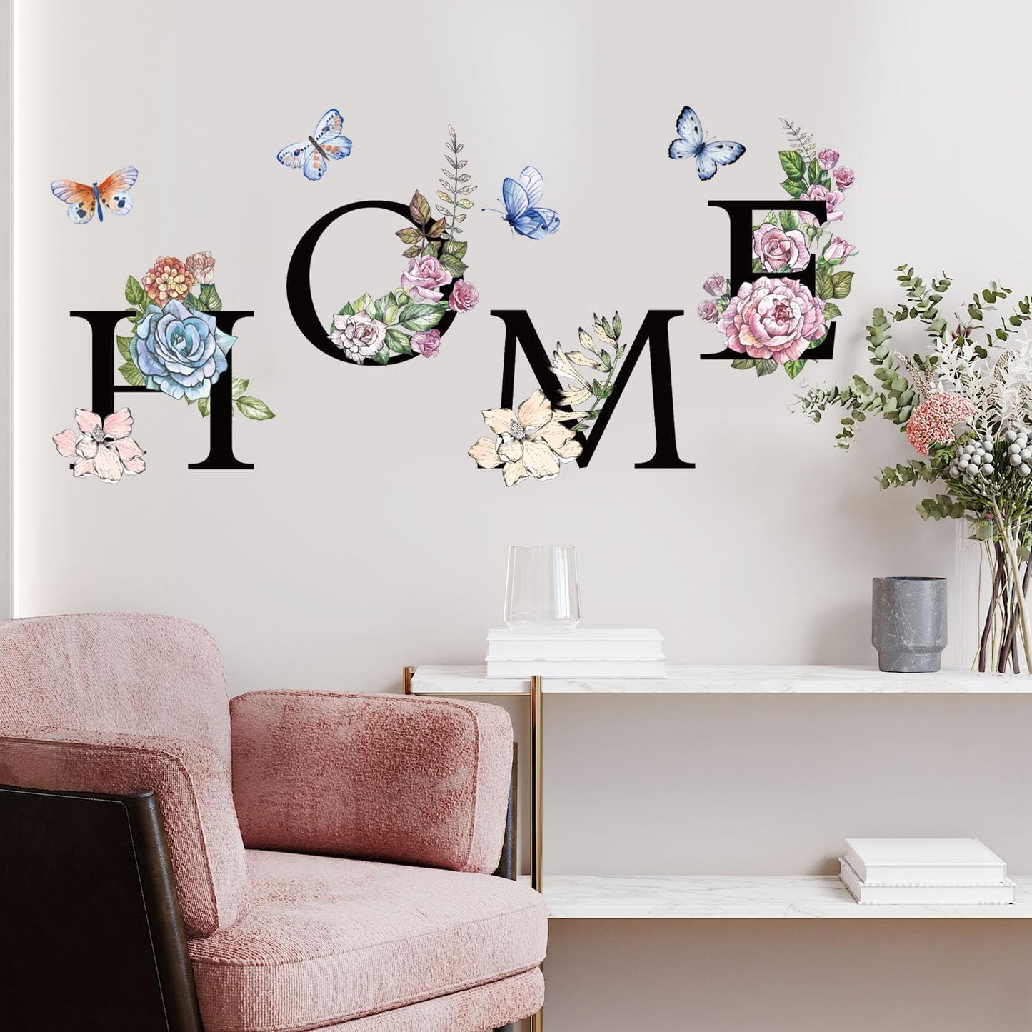 Home Flower Wall Sticker Colorful Floral Butterfly Wall Decal Peel and Stick Word Quotes / Black