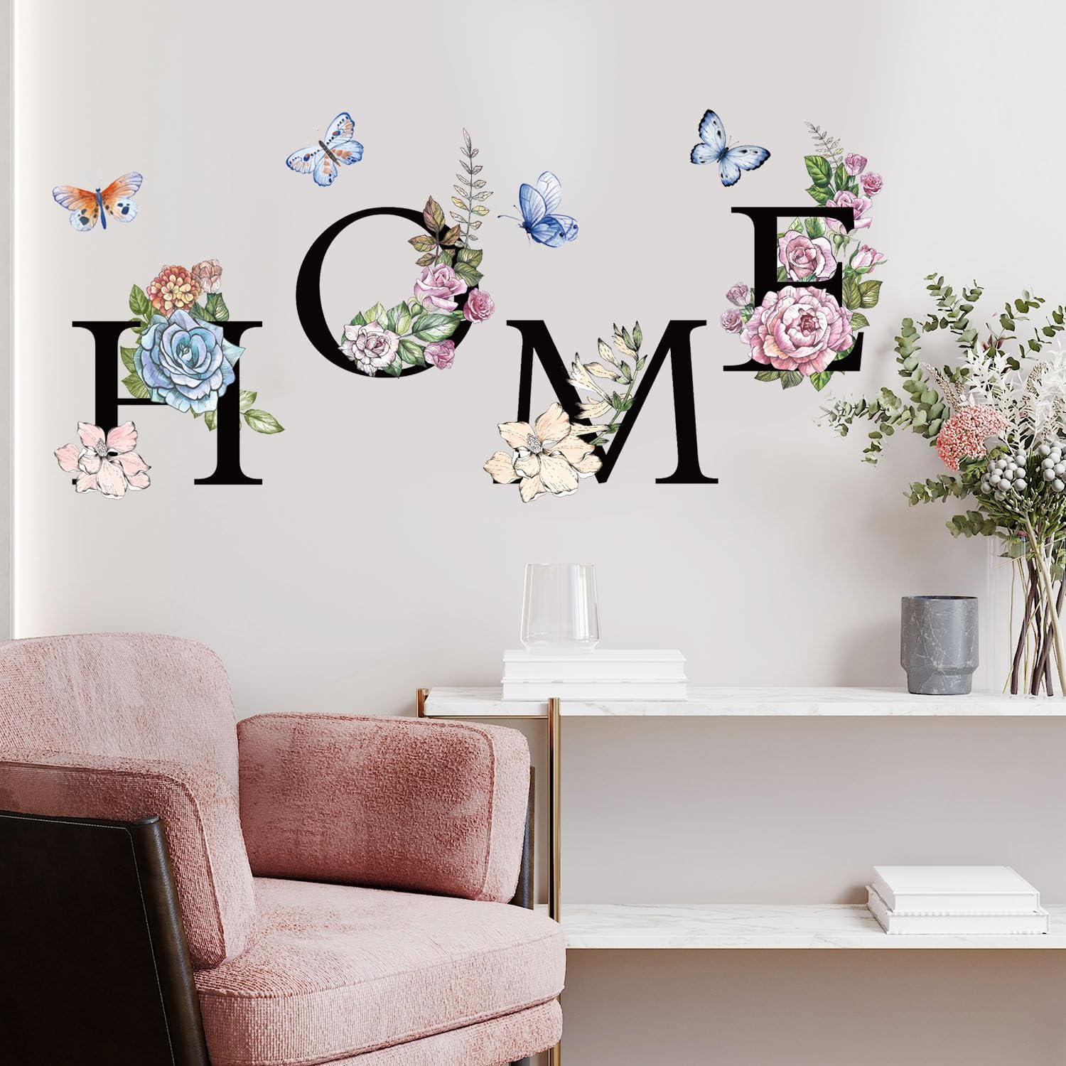 Home Flower Wall Sticker Colorful Floral Butterfly Wall Decal Peel and Stick Word Quotes / Black