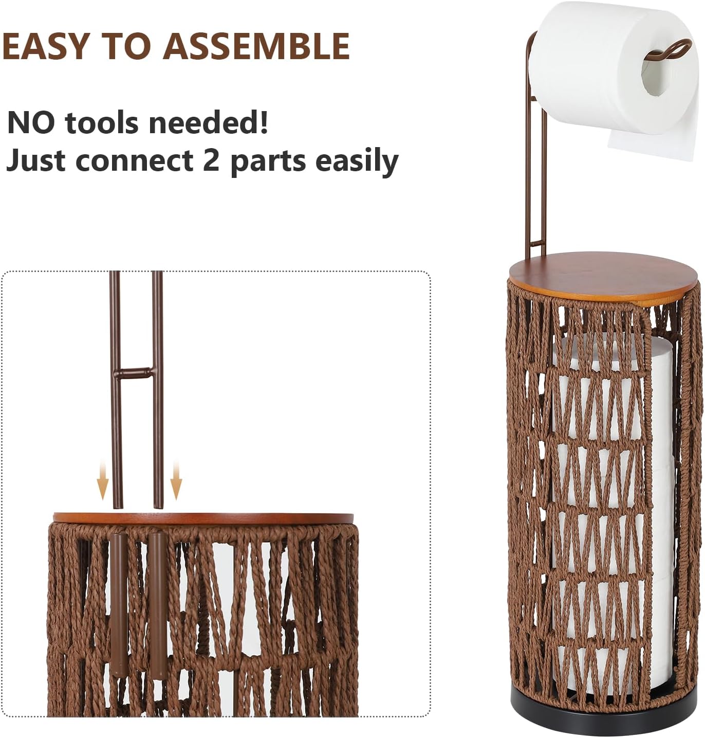 Freestanding Toilet Paper Holder with Storage,3 Rolls of Rattan Tissue Holder for Bathroom,Woven Toilet Paper Roll