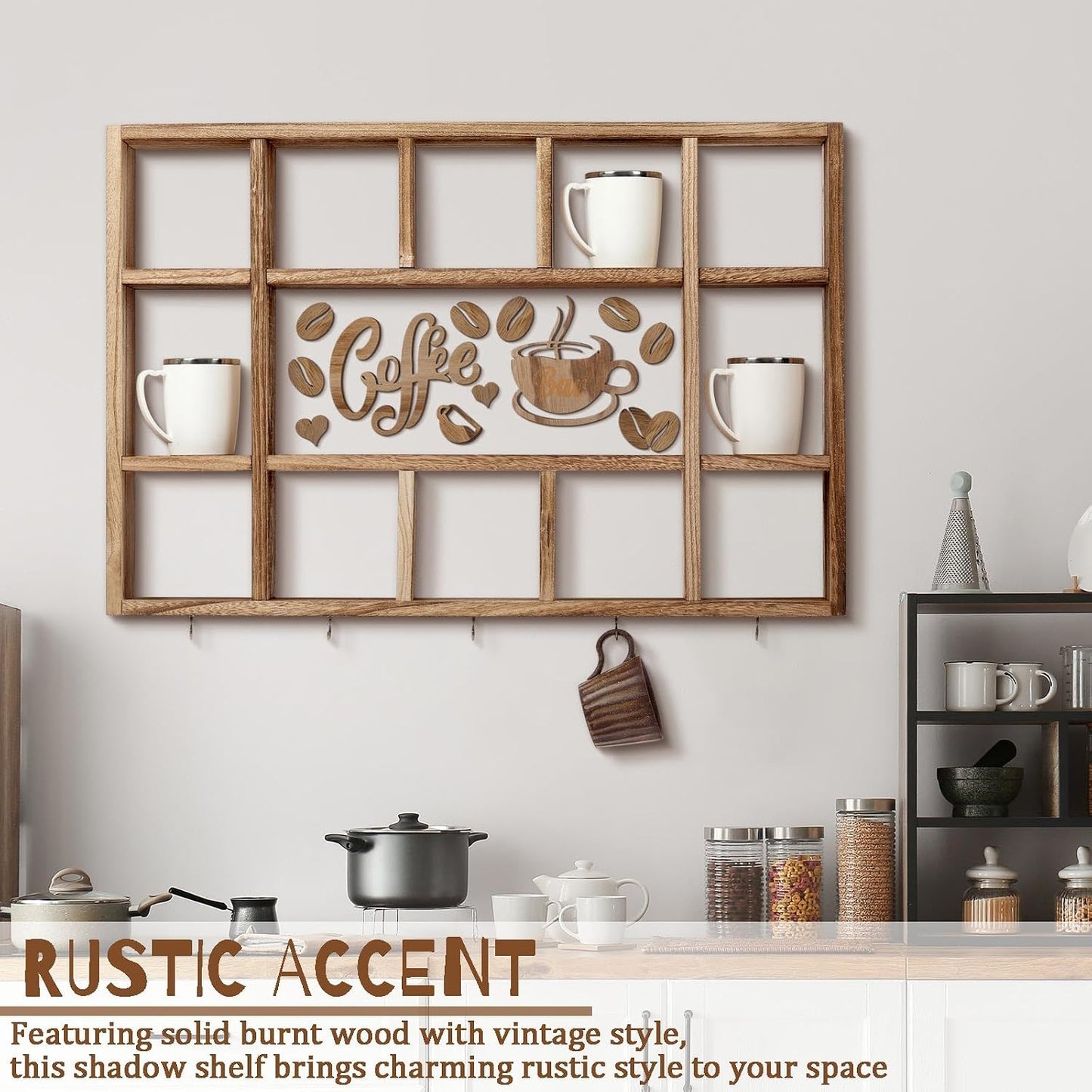 Cinnvoice Oversize Coffee Mug Display Shelf for Wall, Brown | Wood Coffee Mug Rack, Wall Mounted Shelf, Cubes Cup Hooks