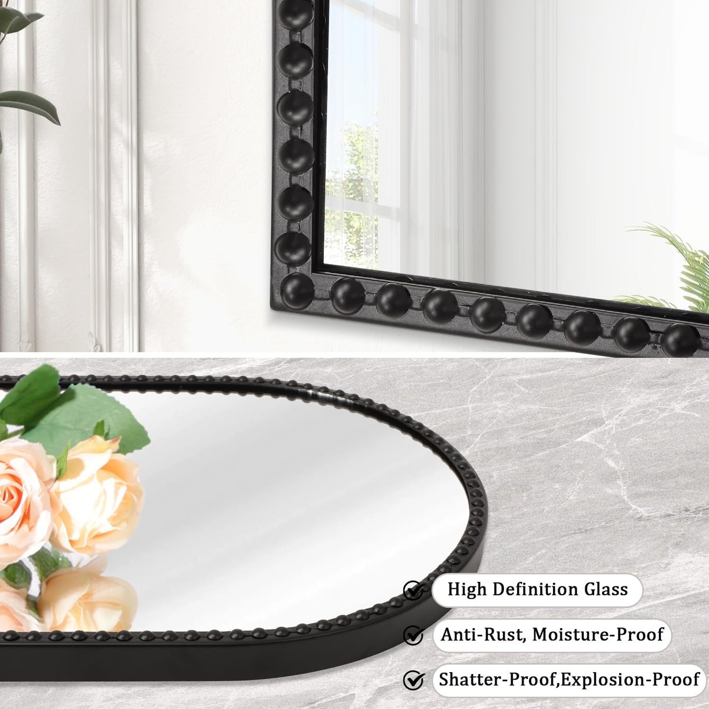 Arched Wall Mirror Metal Beaded Frame Bathroom Mirror for LivingRoom / 30"L x 20"W / Black / 30 x 20