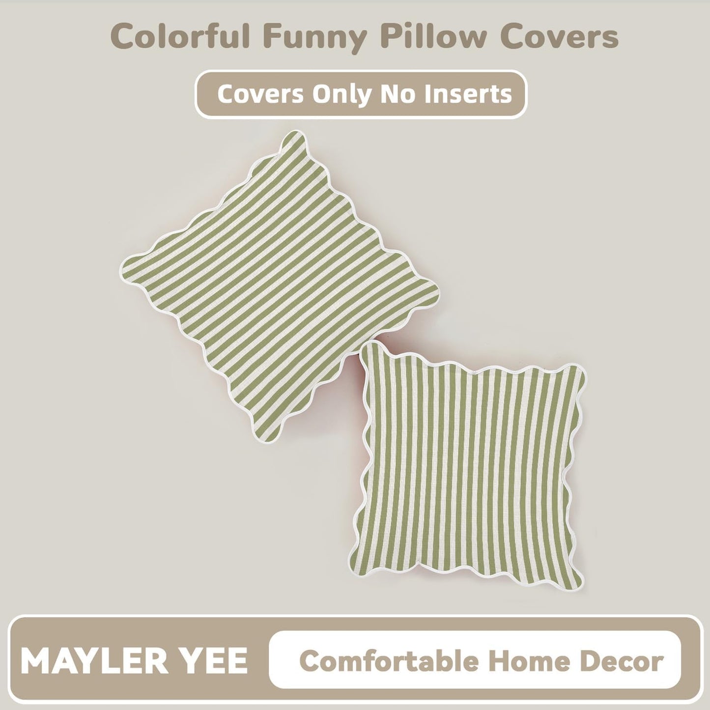 Scalloped Throw Pillow Covers / Green & White / 18 x 18 / Set of 2