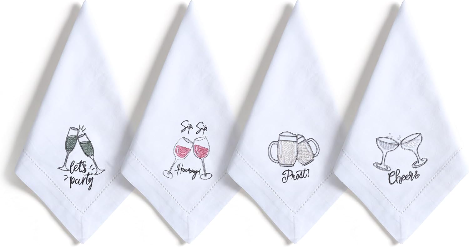 Bedding Craft Cotton Cloth Dinner Napkins Set of 12 – 18x18 Embroidered Motif with Decorative Hemstitch – Machine