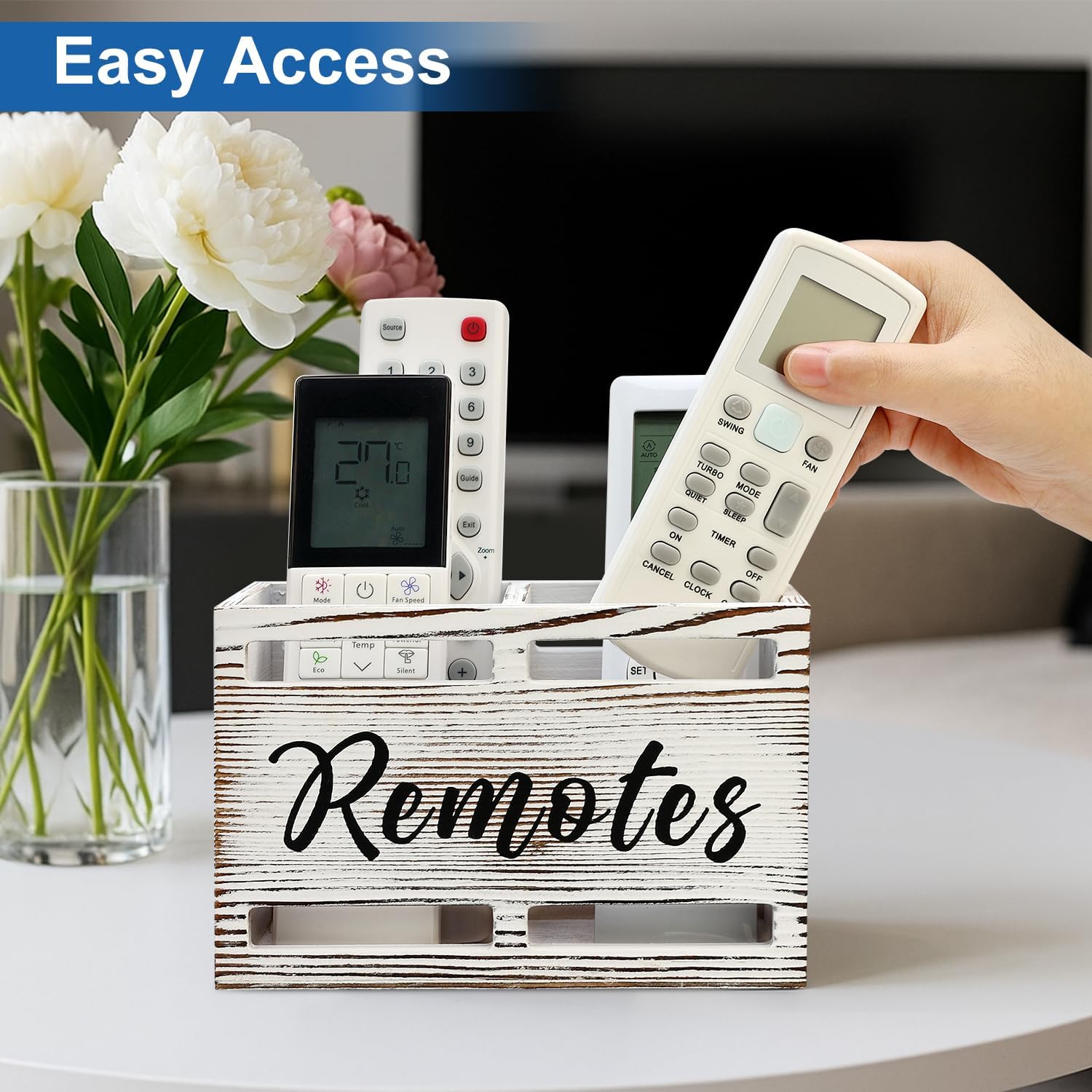 Wooden Remote Control Holder Wall Mount Remote Organizer / Rustic White / 2 Slot