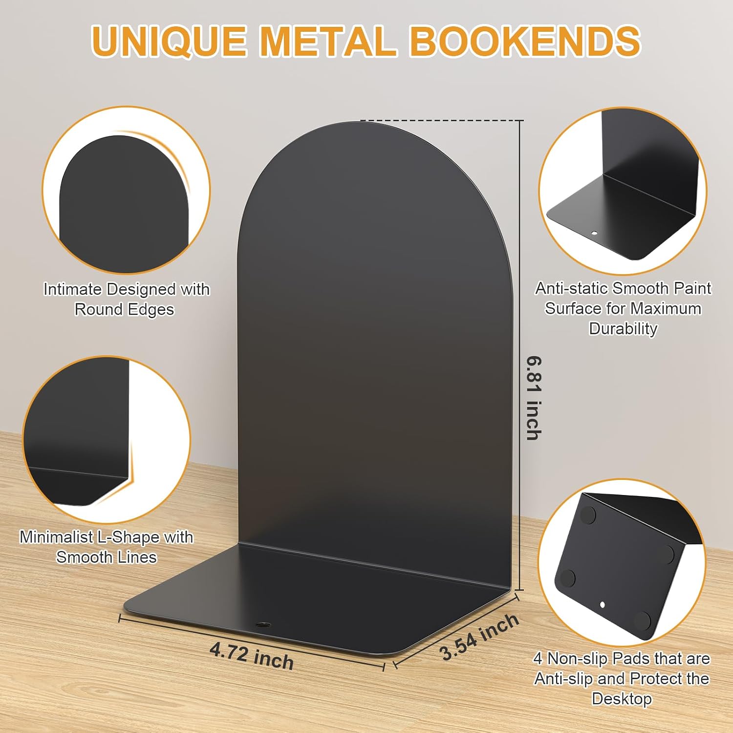 Metal Round Bookends / 4 Pairs Bookends / Black