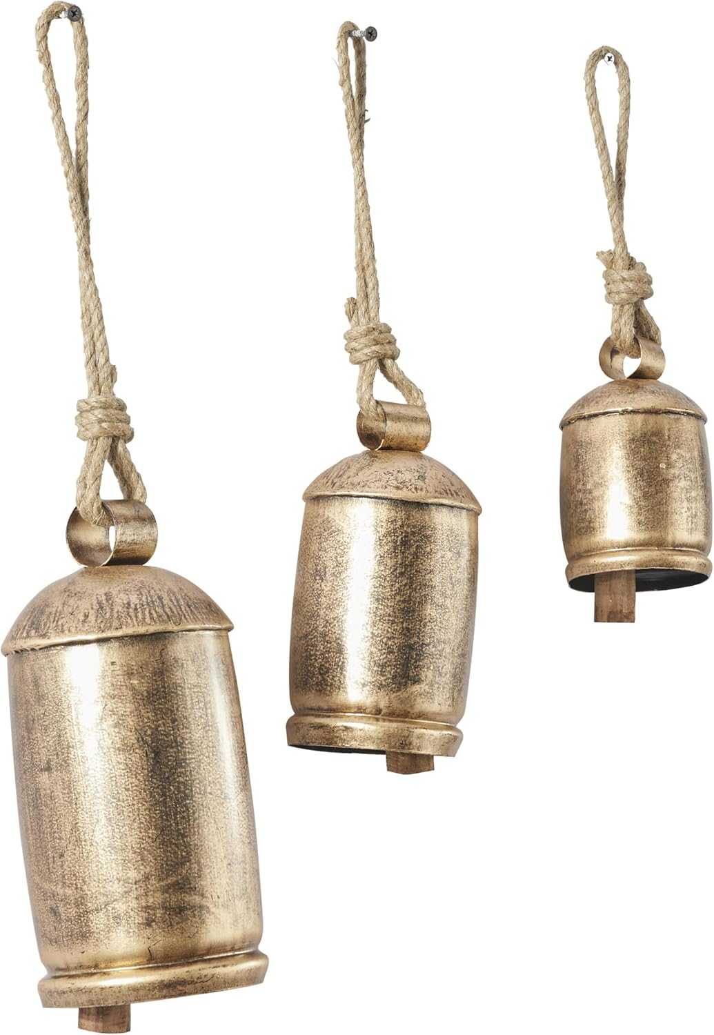 Deco 79 Metal Decorative Cow Bells, Set of 3 Cowbell 10", 7", 5"H, Gold | Indoor Tibetan Inspired Meditation Bell With