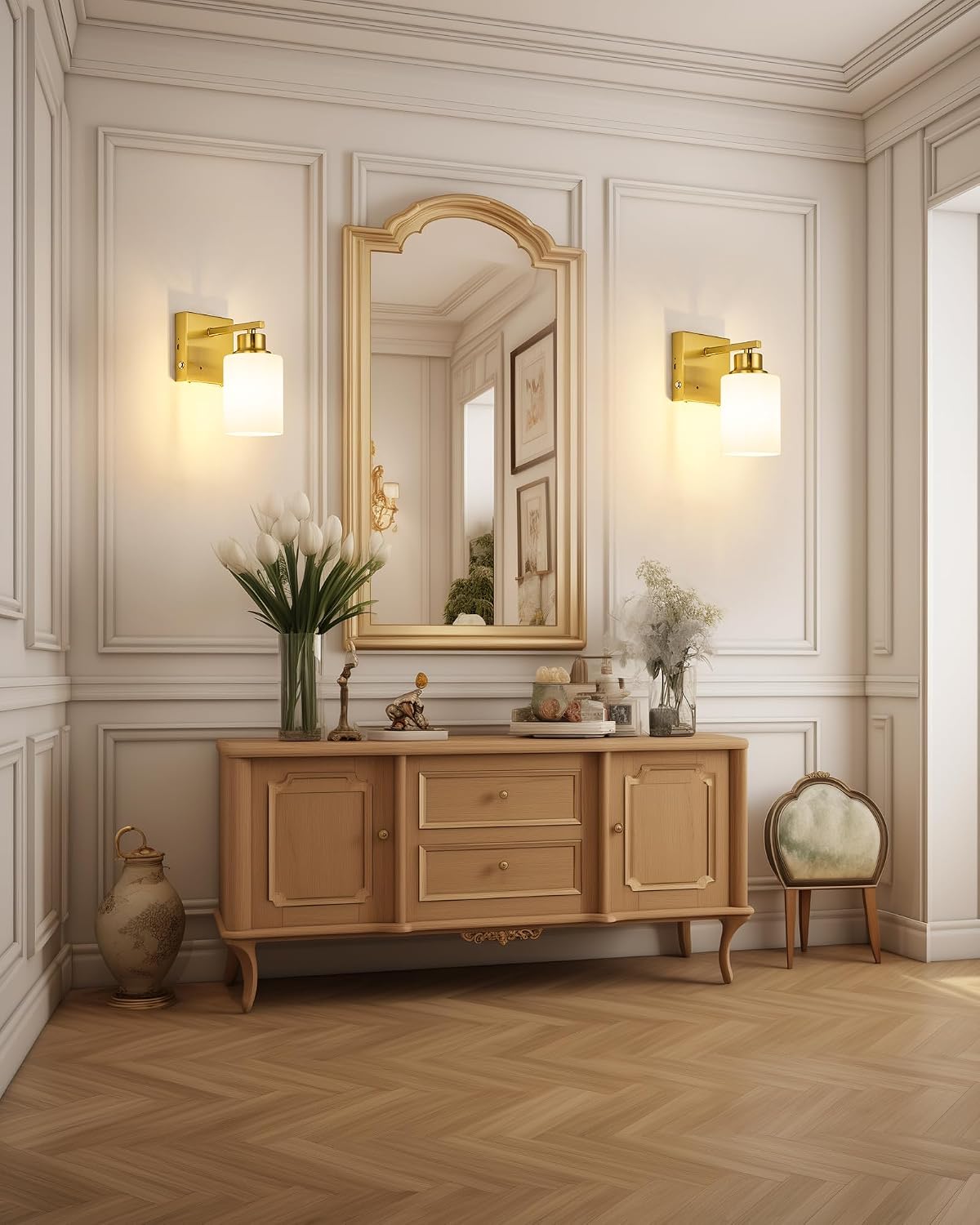 Wireless Battery Operated Wall Sconce Set of Two, Modern, White Glass, Gold | Dimmable, Easy Install Rechargeable Wall