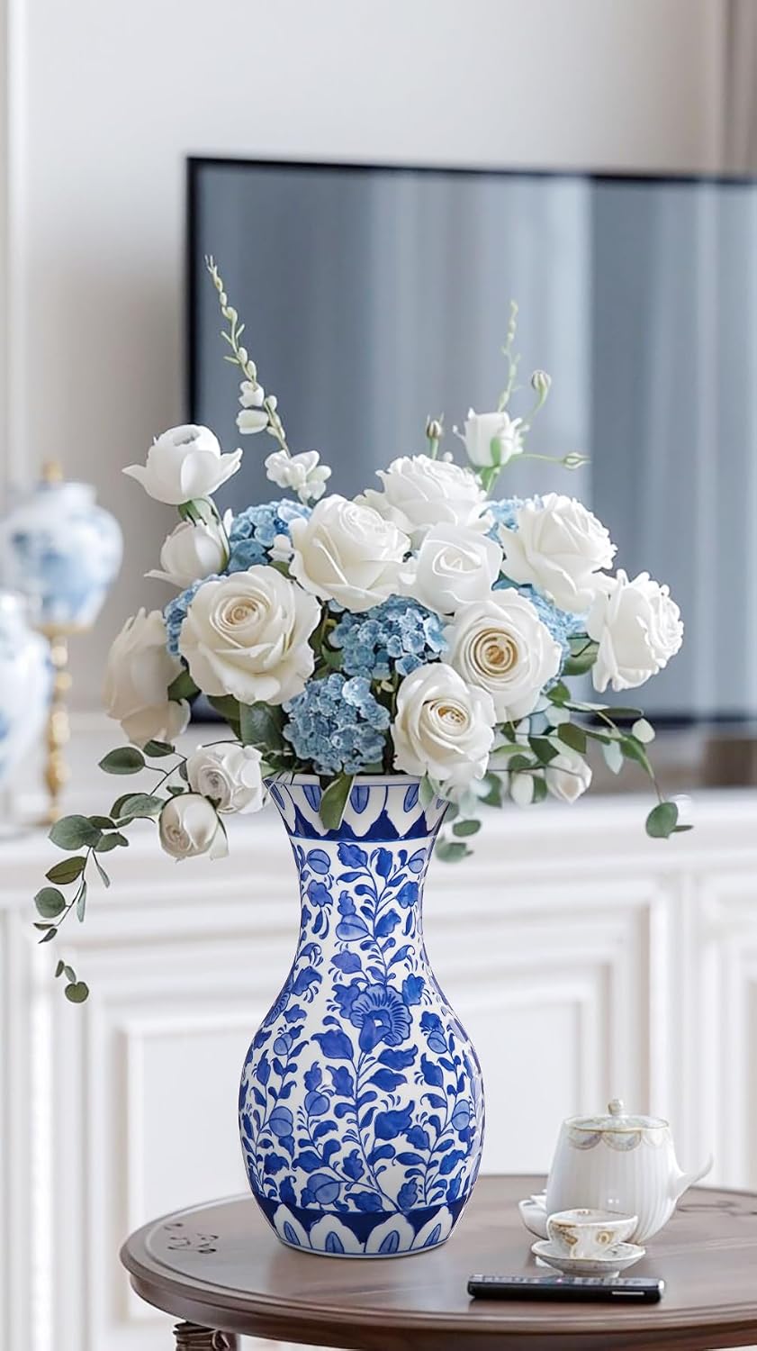 Tall Ceramic Vase in Wide Mouth Floral Pattern / # Small Floral Texture / Blue / 11 Inch