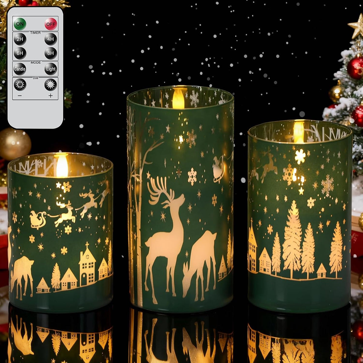Wondise Christmas Reindeer LED Flameless Candles with Remote Timer