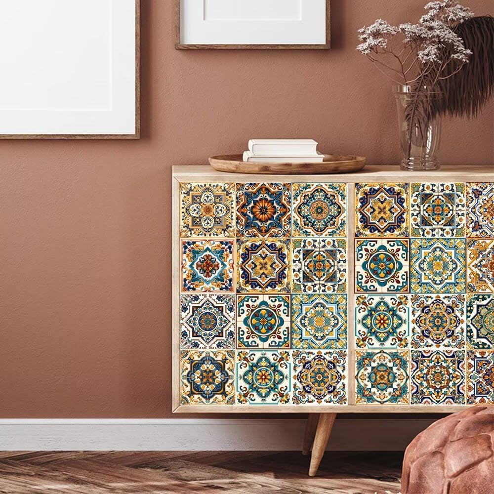 Moroccan Boho Tile Stickers Peel and Stick / 4 x 4 / Retro Green / Set of 24