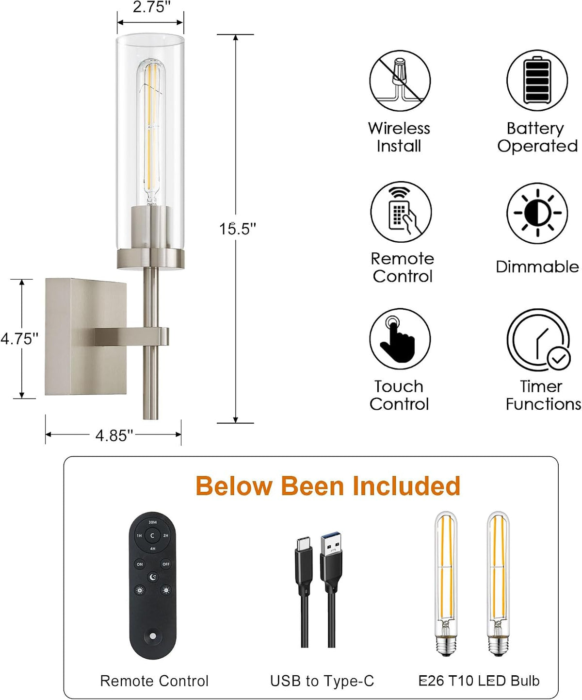 Brushed Nickel Battery Operated Wall Sconces with Remote Control, Wireless Wall Sconce Set of 2, Rechargeable Cordless