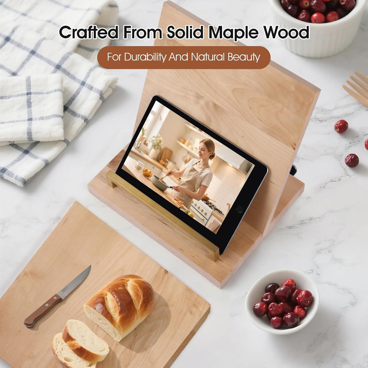 Wooden Recipe Book Holder& Kitchen Serving Tray for Kitchen Counter Decor | Wood Cookbook Stand with Removable Cutting