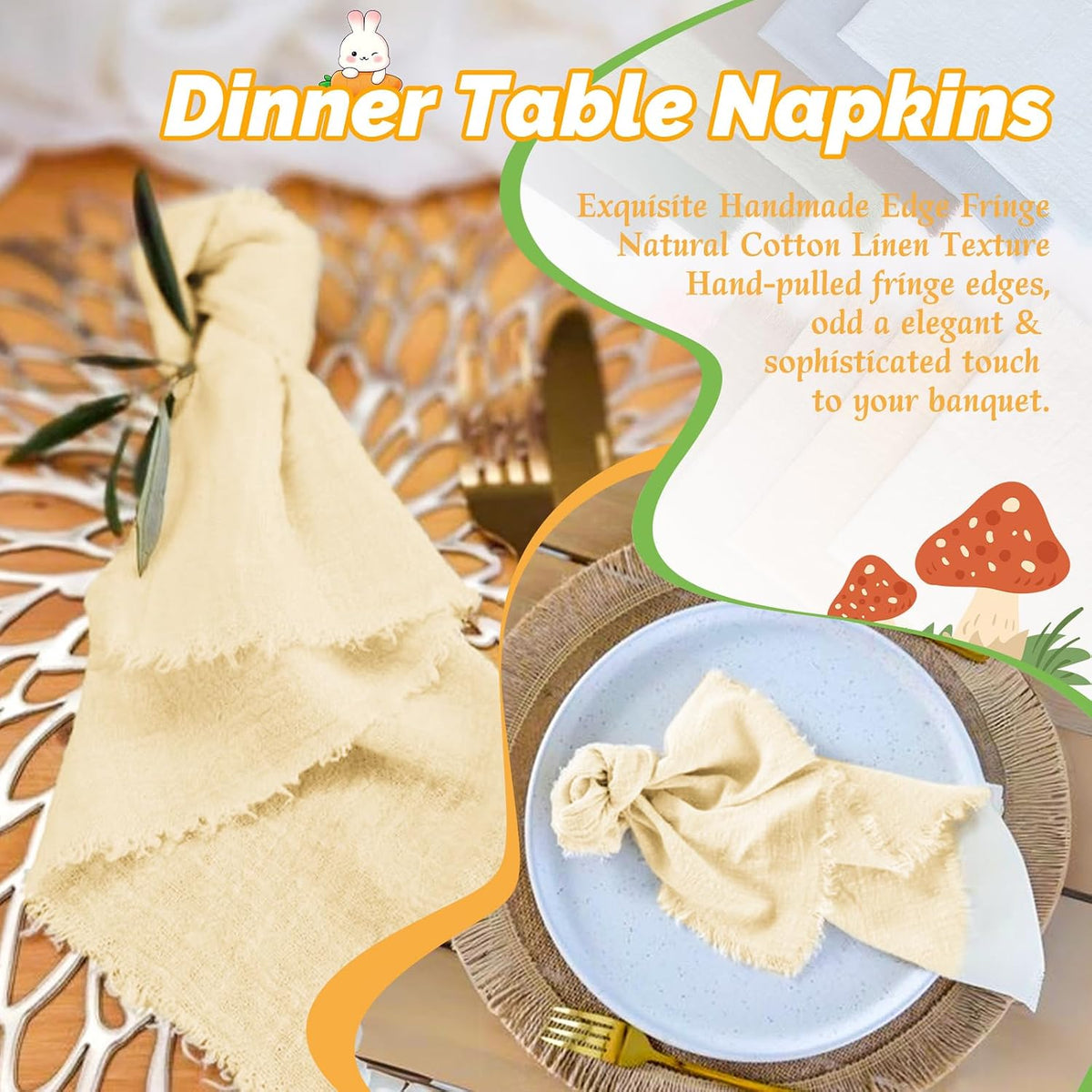 Showgeous 60 Pack Beige Cloth Napkins with Fringe, 16x16 inch 100% Cotton | Beige Napkins Handmade Dinner Napkins Bulk