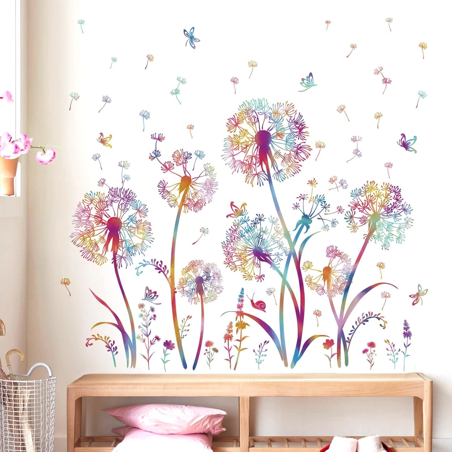 Colorful Blowing Dandelion Wall Decals Flying Flowers Butterflies Floral Peel and Stick Wall Art