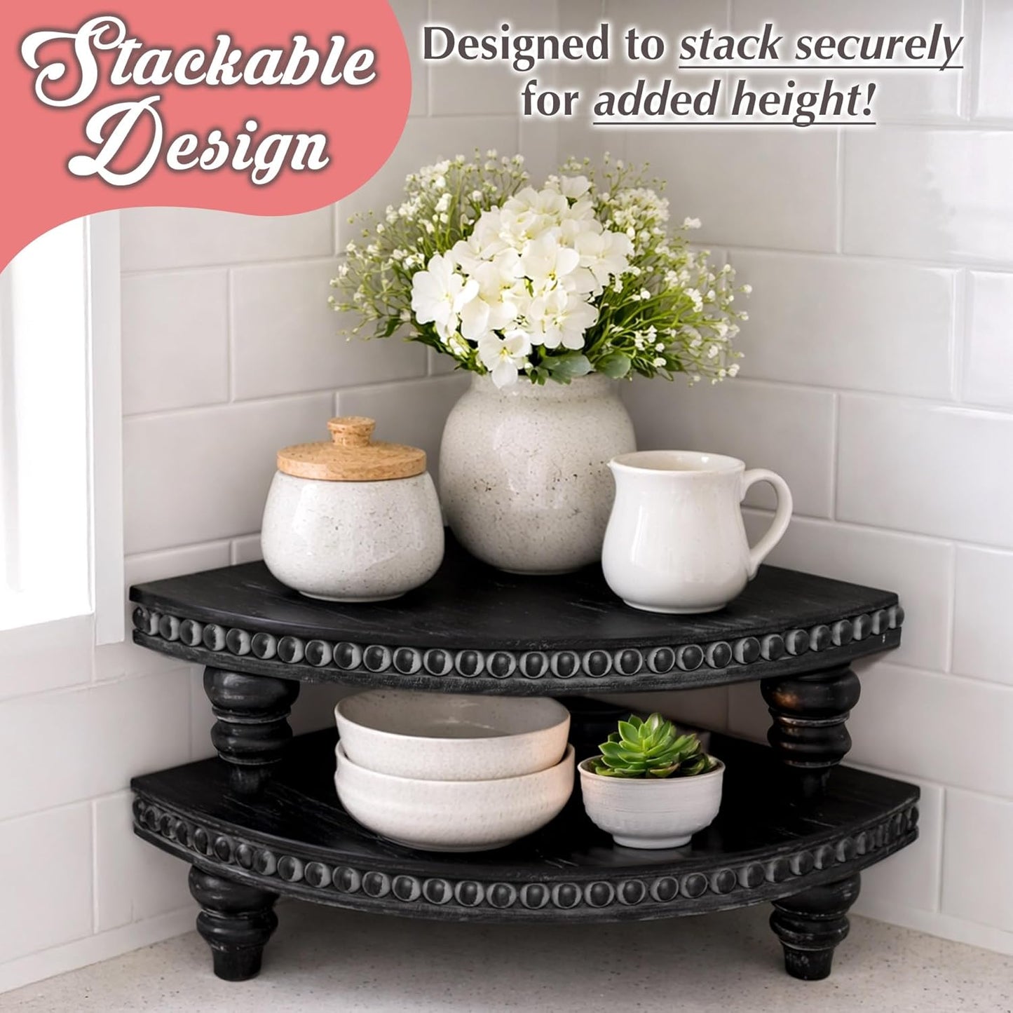 Farmhouse Wood Rounded Beaded Tray / Rustic Black