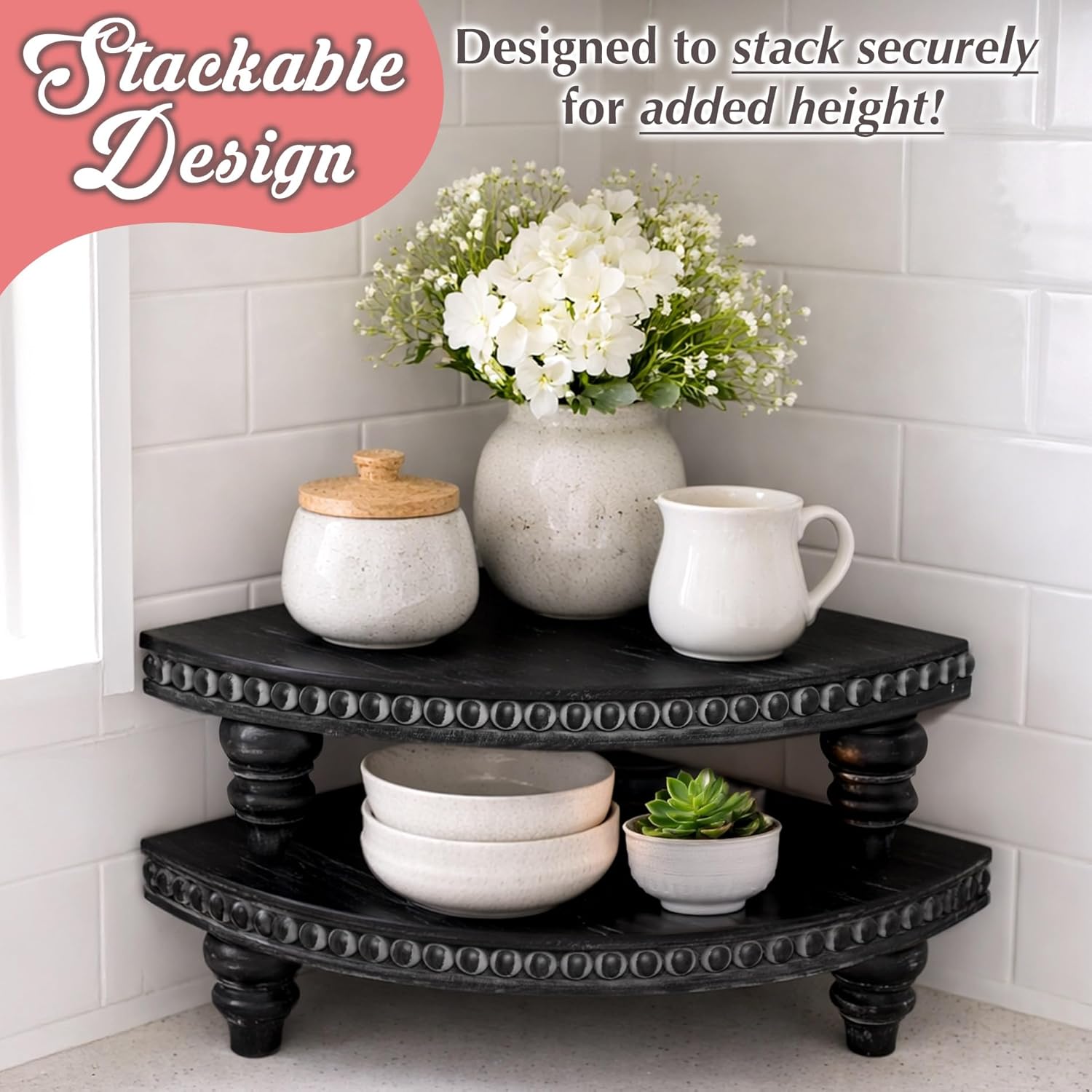 Farmhouse Wood Rounded Beaded Tray / Rustic Black