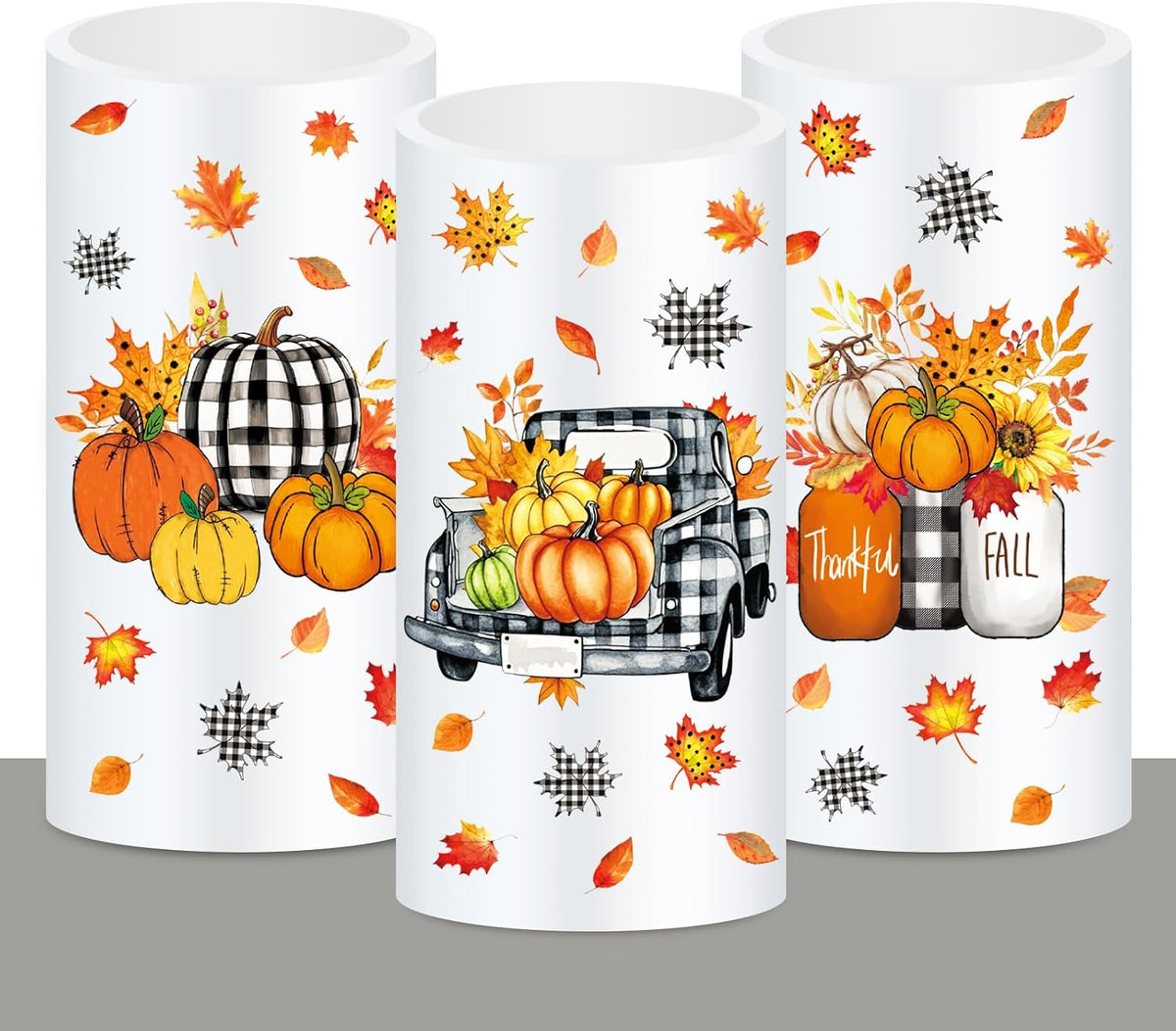 Whaline Fall LED Flameless Candles Plaid Pumpkin Truck Warm Light Battery Operated Pillar Candles Autumn Electric Flickering Candle for Thanksgiving Party Home Decor, Set of 3