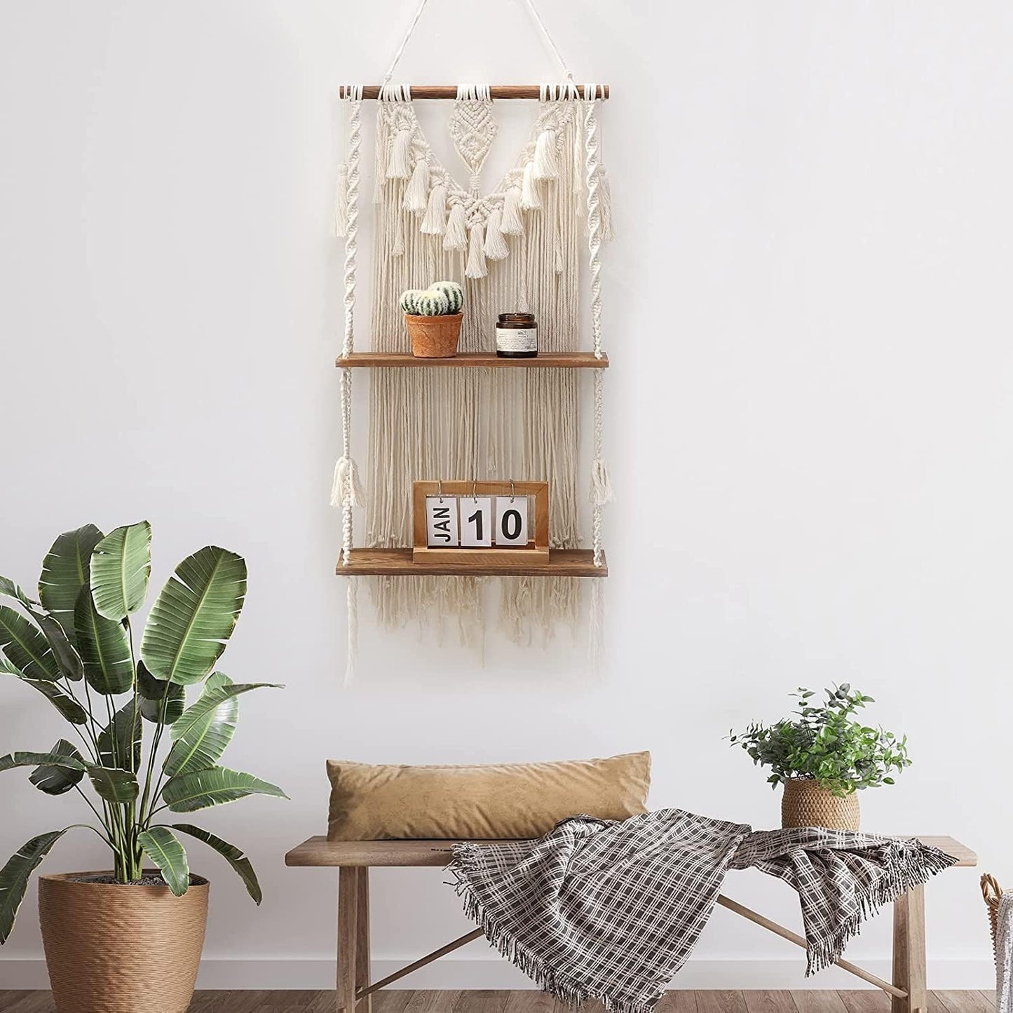 Handmade Bohemian Wooden Woven Plant Floating Shelves Decor / Large