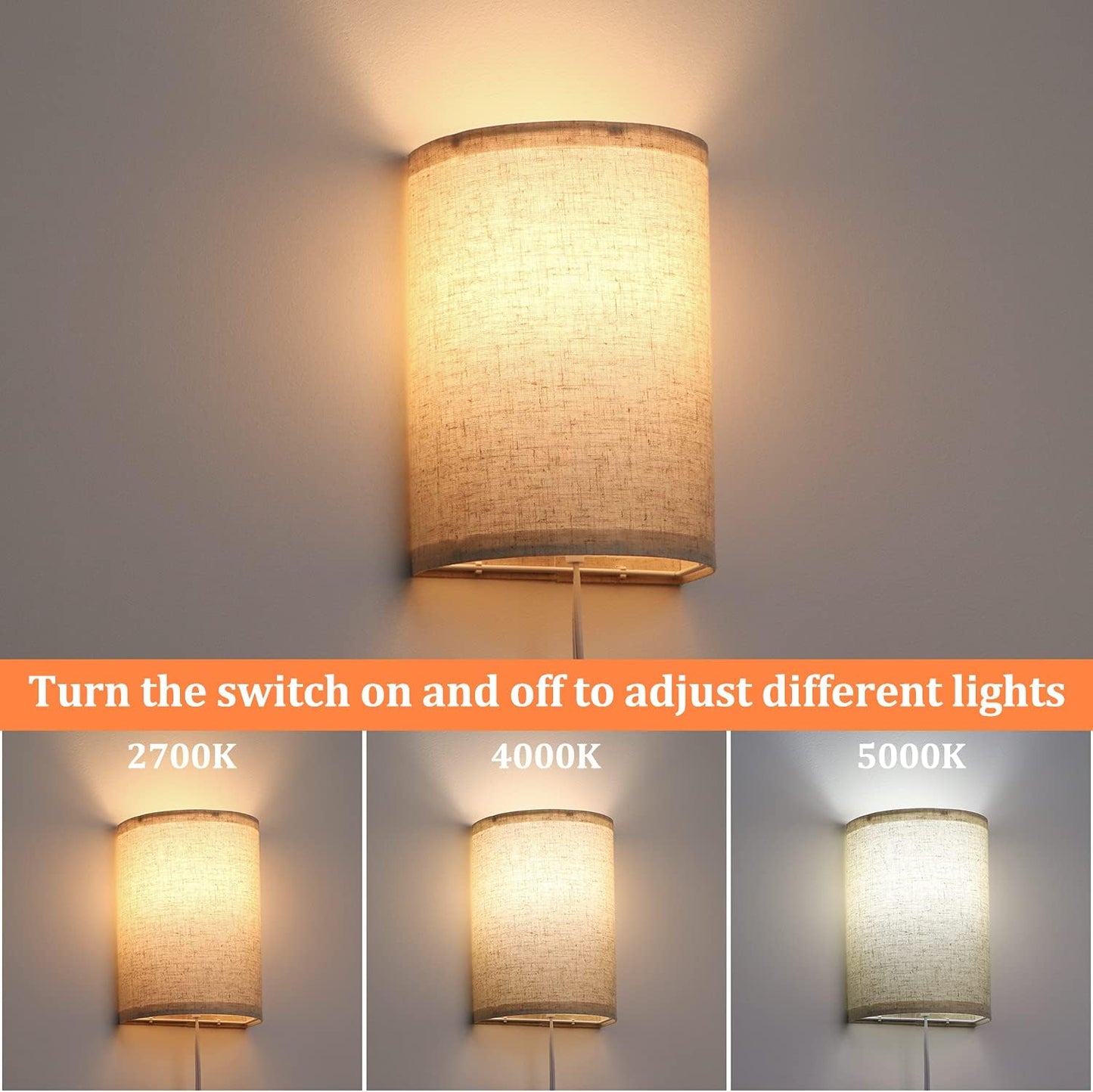 AVV Wall Sconces Set of Two, Wall Lamp Plug in with On/Off Switch, 2700K 4000K 5000K Selectable, Wall Lights for