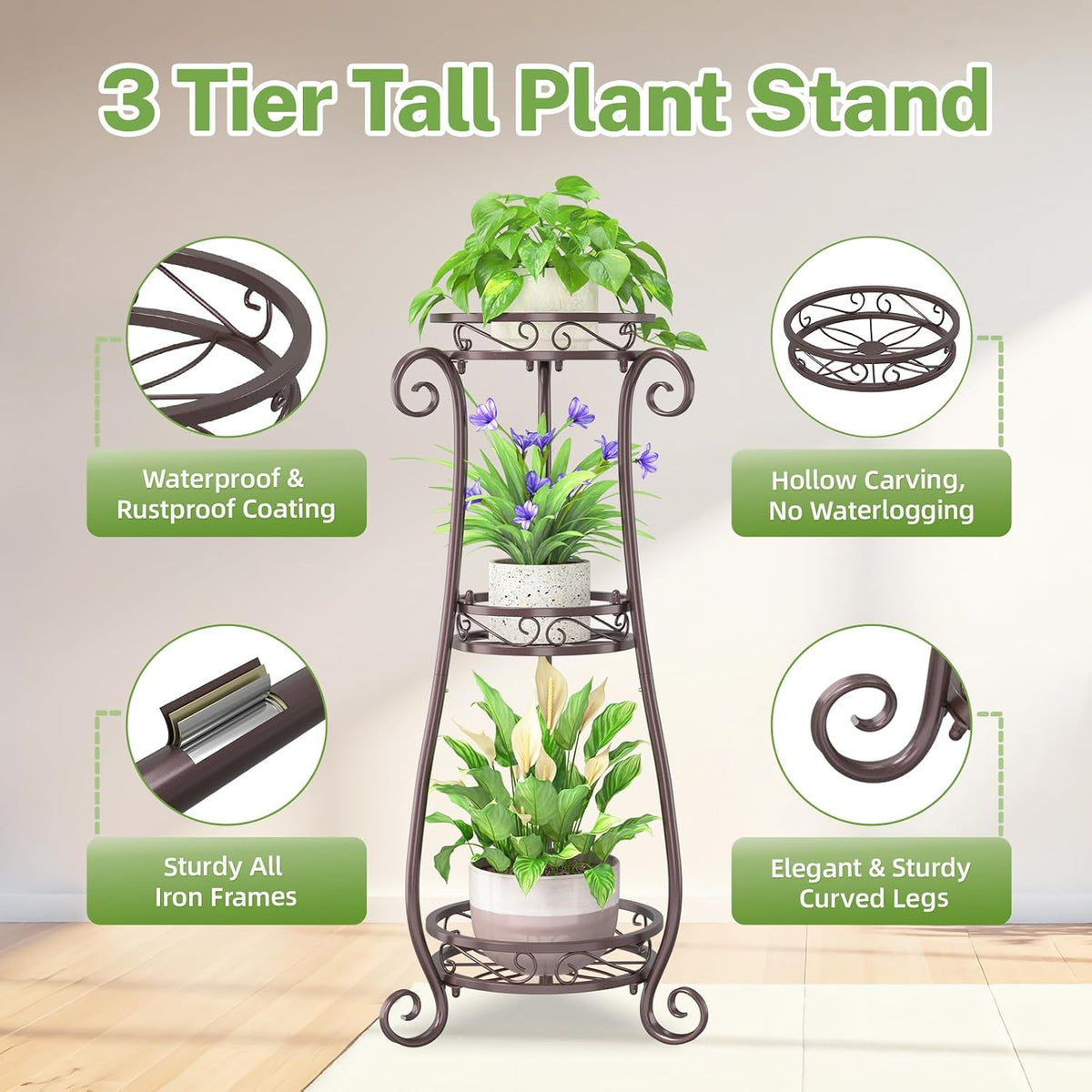 iDavosic.ly 3 Tier Tall Metal Plant Stand Outdoor Indoor, 34 Inch, Bronze | Corner Flower Pot Holder Shelf, Wrought