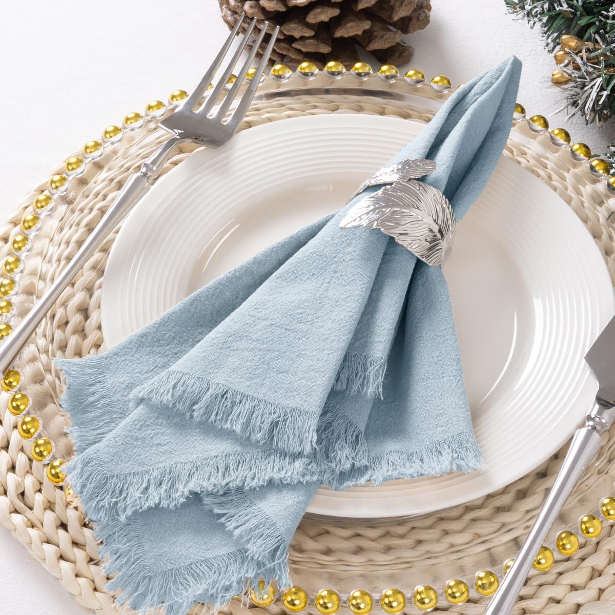 DeZerlor Grey Blue Summer Cotton Linen Washable Cloth Napkins Set of 12 | Reusable Boho Handmade Table Napkins Bulk