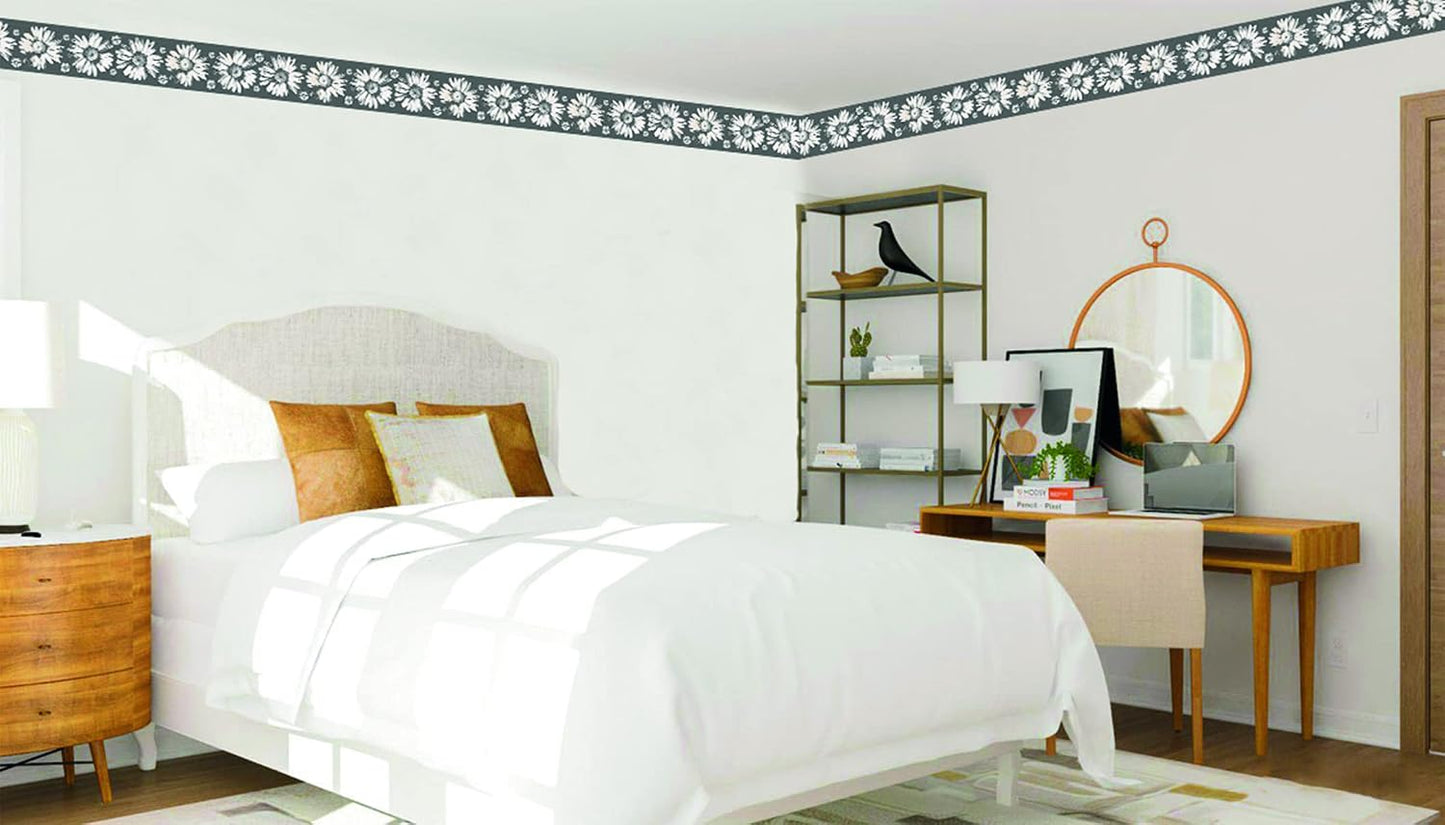 Wallpaper Border Peel and Stick DDAZBD9159 Floral White Sunflowers Wall Border Retro / Grey / 15 ft