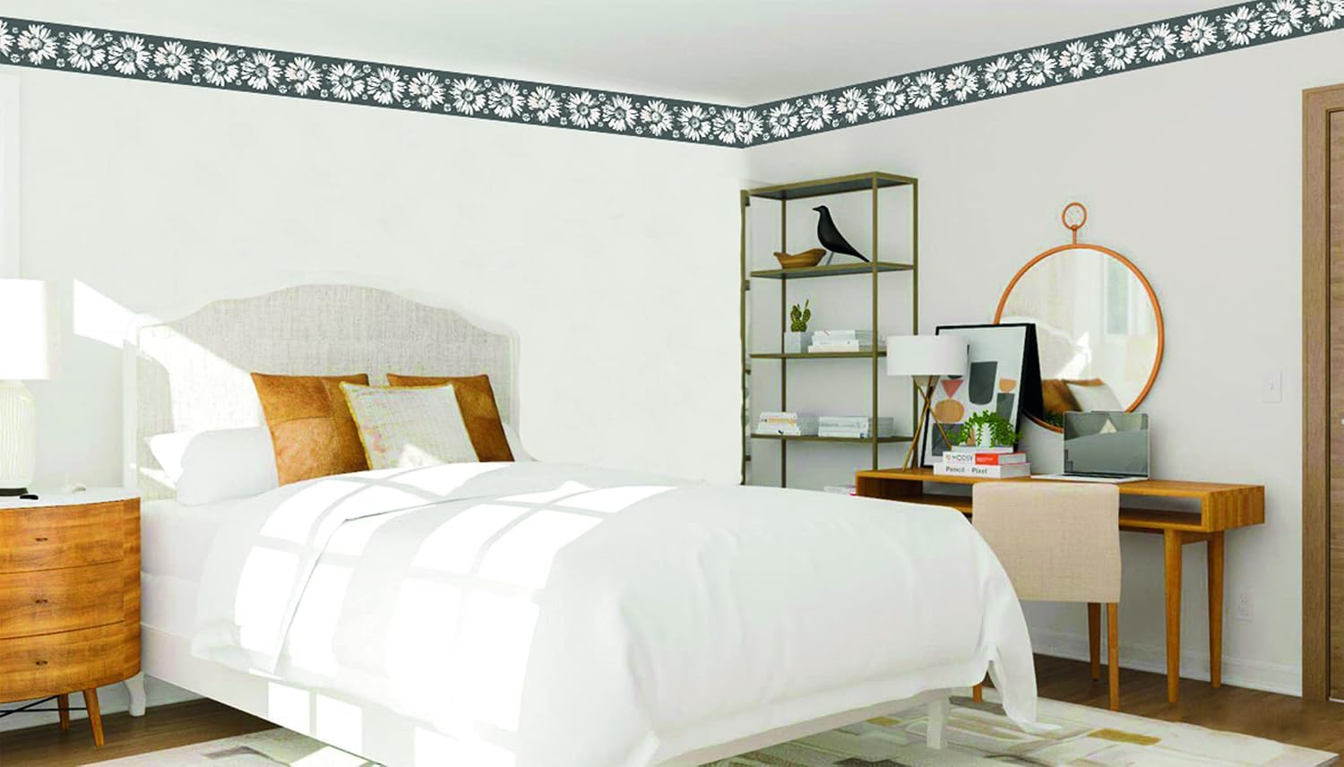 Wallpaper Border Peel and Stick DDAZBD9159 Floral White Sunflowers Wall Border Retro / Grey / 15 ft