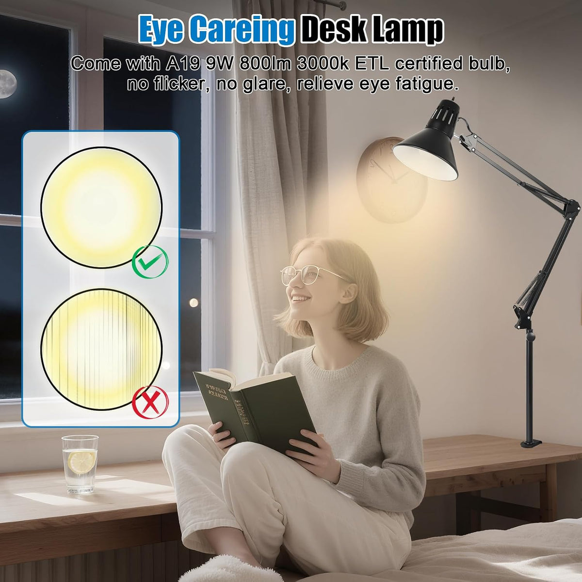 LED Clamp on Desk Lamp, 360°Adjustable Swing Arm Desk Lamp | Clamp Light with Eye-Caring LED Bulb for Home Office