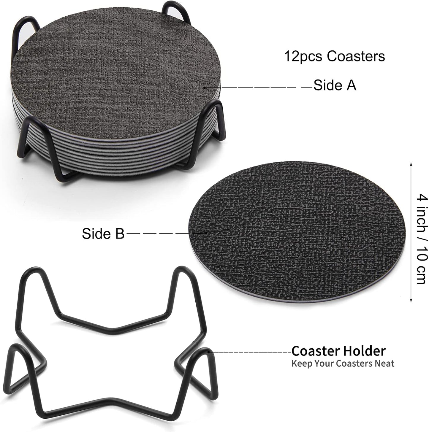 Holder / Dual Sided Non-Slip Washable Faux Leather Cup Coasters / Gray Black / Set of 12