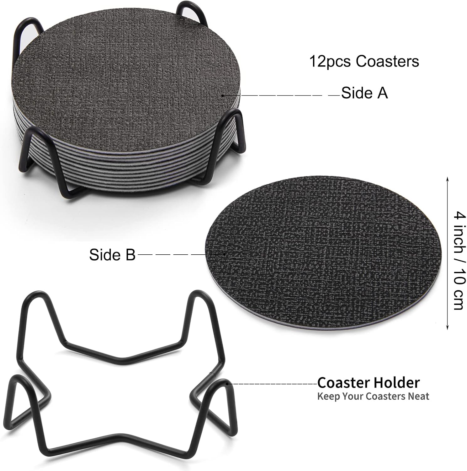 Holder / Dual Sided Non-Slip Washable Faux Leather Cup Coasters / Gray Black / Set of 12
