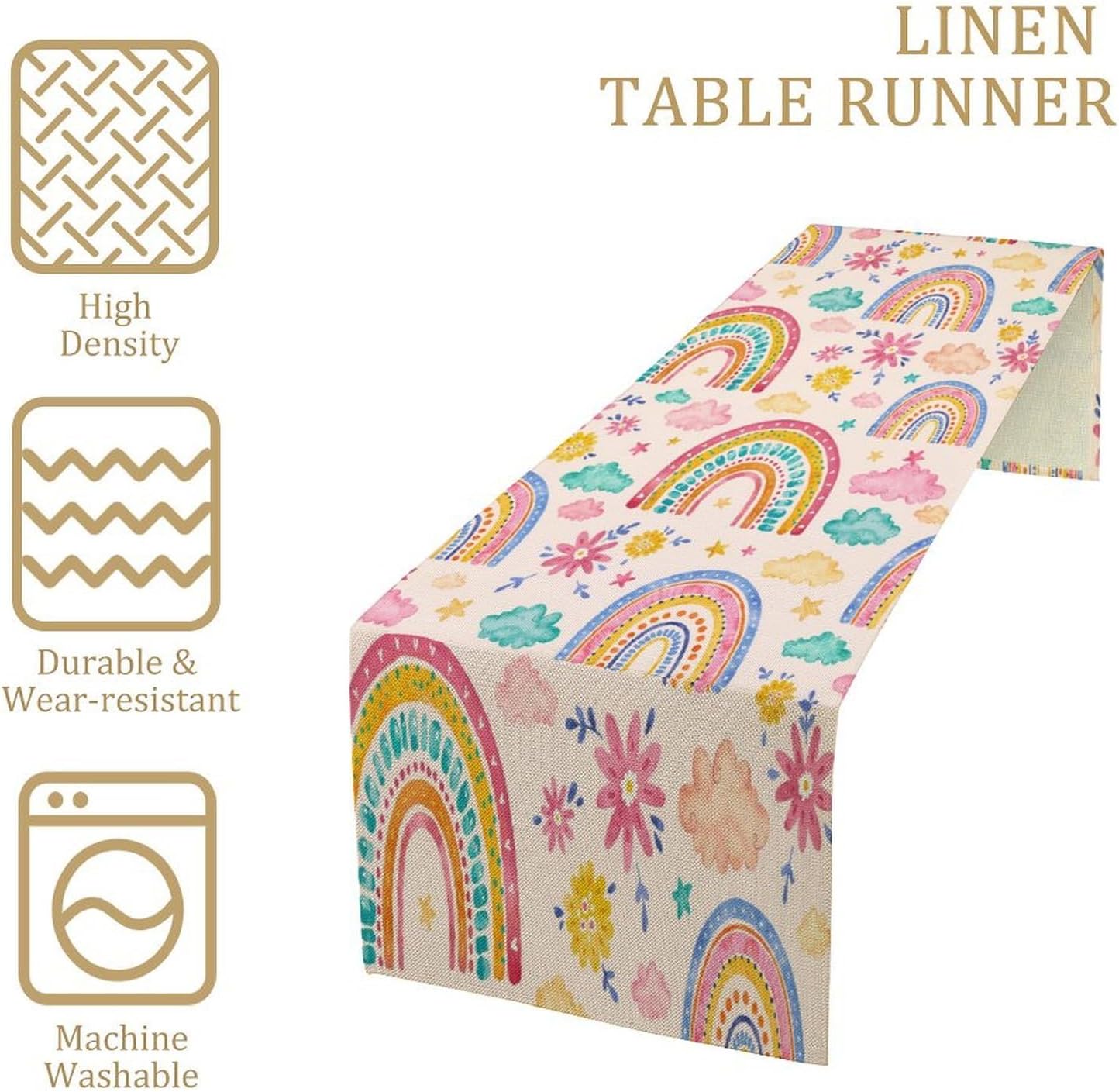 Fantasy Cartoon Colorful Rainbow Table Runner Pink Abstract Cute Boho Rainbow Pattern Printed Linen Table Runner for