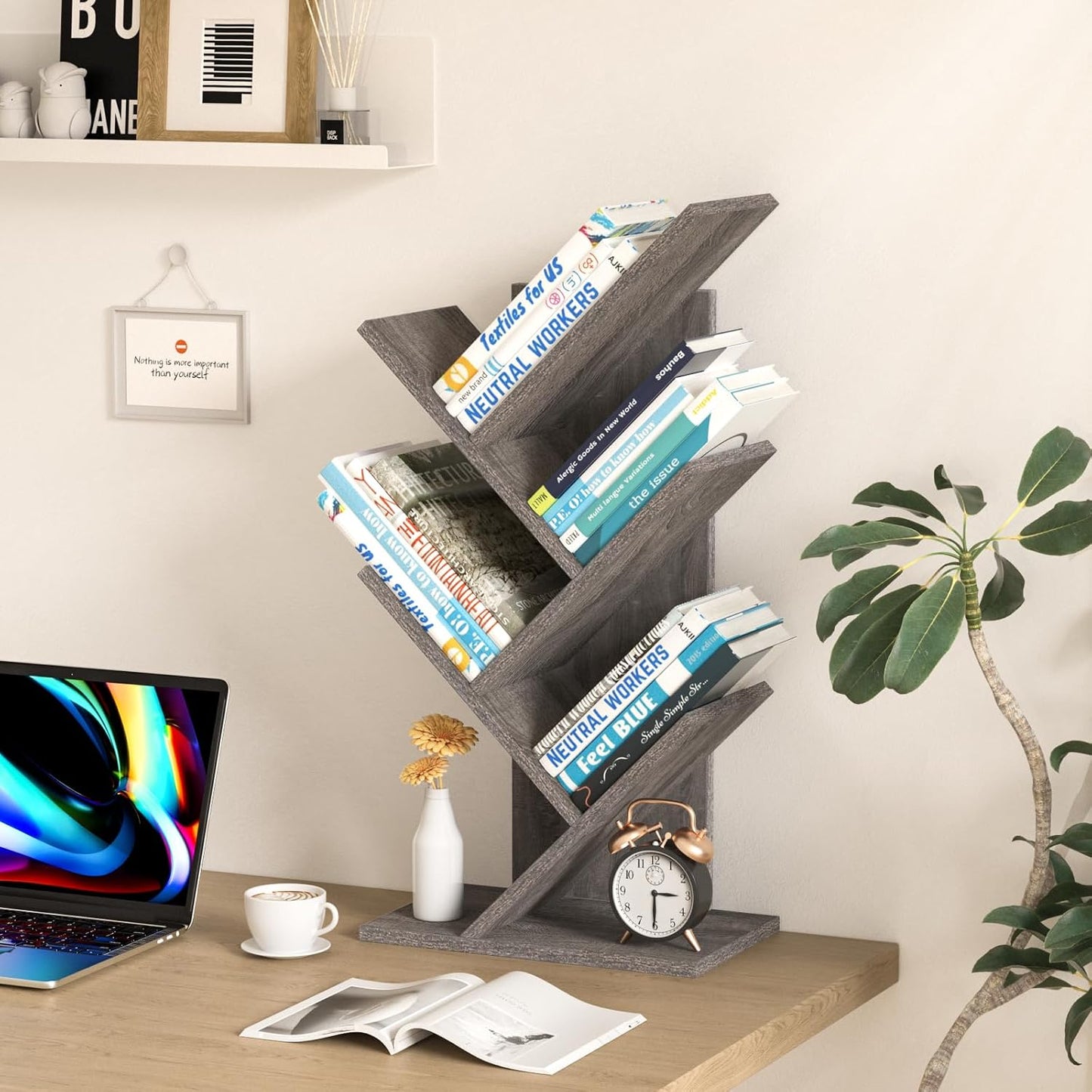 SHEEPAM Small Tree Book Shelf,5 Tier Bookshelf, Wood Desktop Bookcase | Modern Desk Display Storage Bookshelves,Space