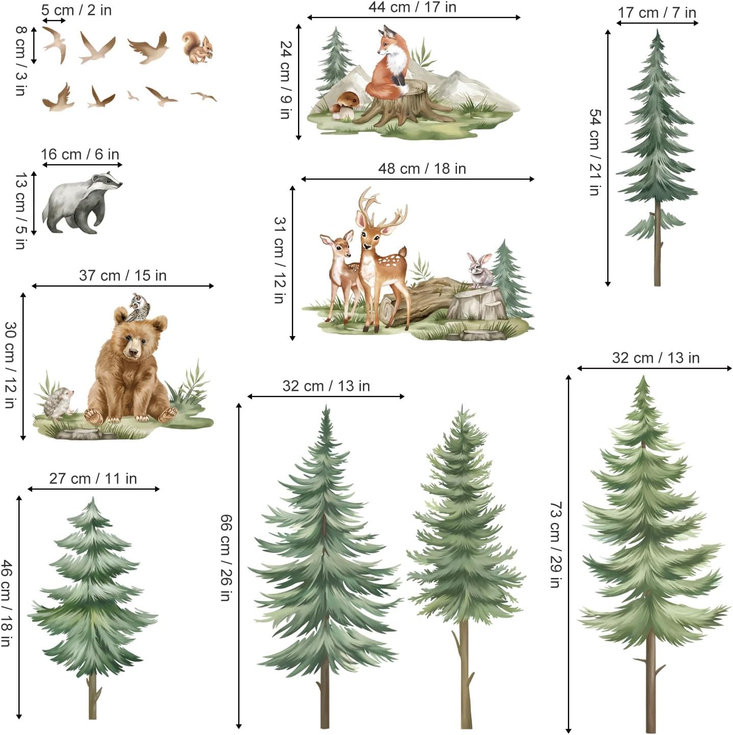 Mountain Tree Wall Stickers Large Pine Tree Forest Animals Bear Deer Peel and Stick Wall Art Decals